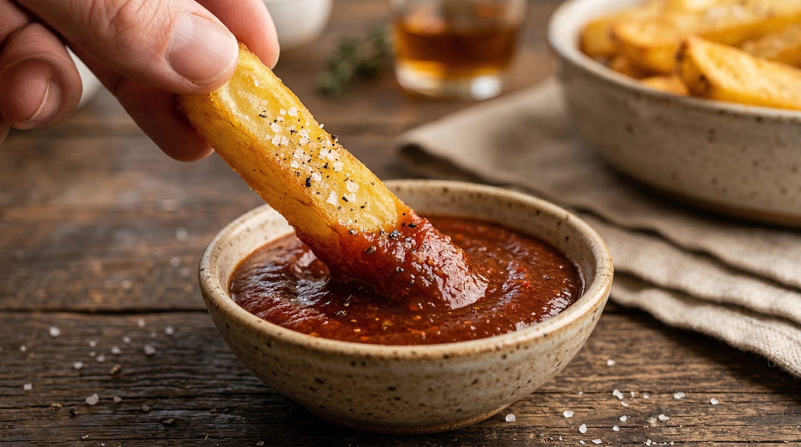 Crispy French Fries with Spiced Ketchup being prepared