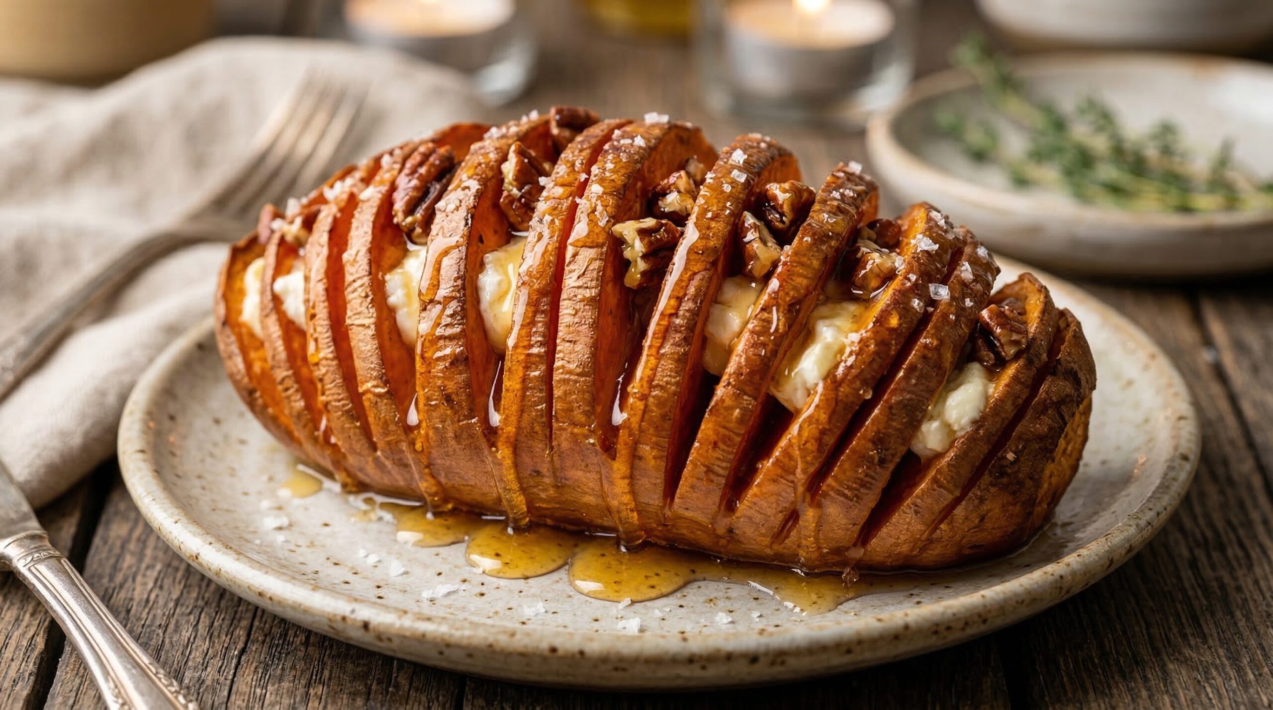 Honey & Goat Cheese Hasselback Sweet Potatoes being prepared