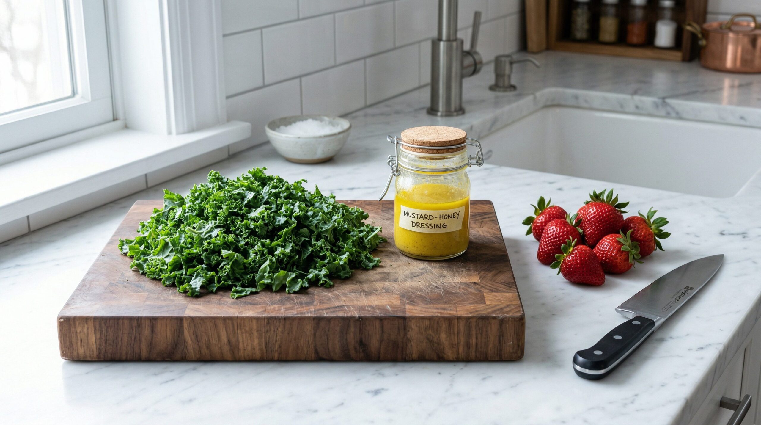 Chopped kale being massaged with a lemon Dijon vinaigrette beside strawberries and goat cheese