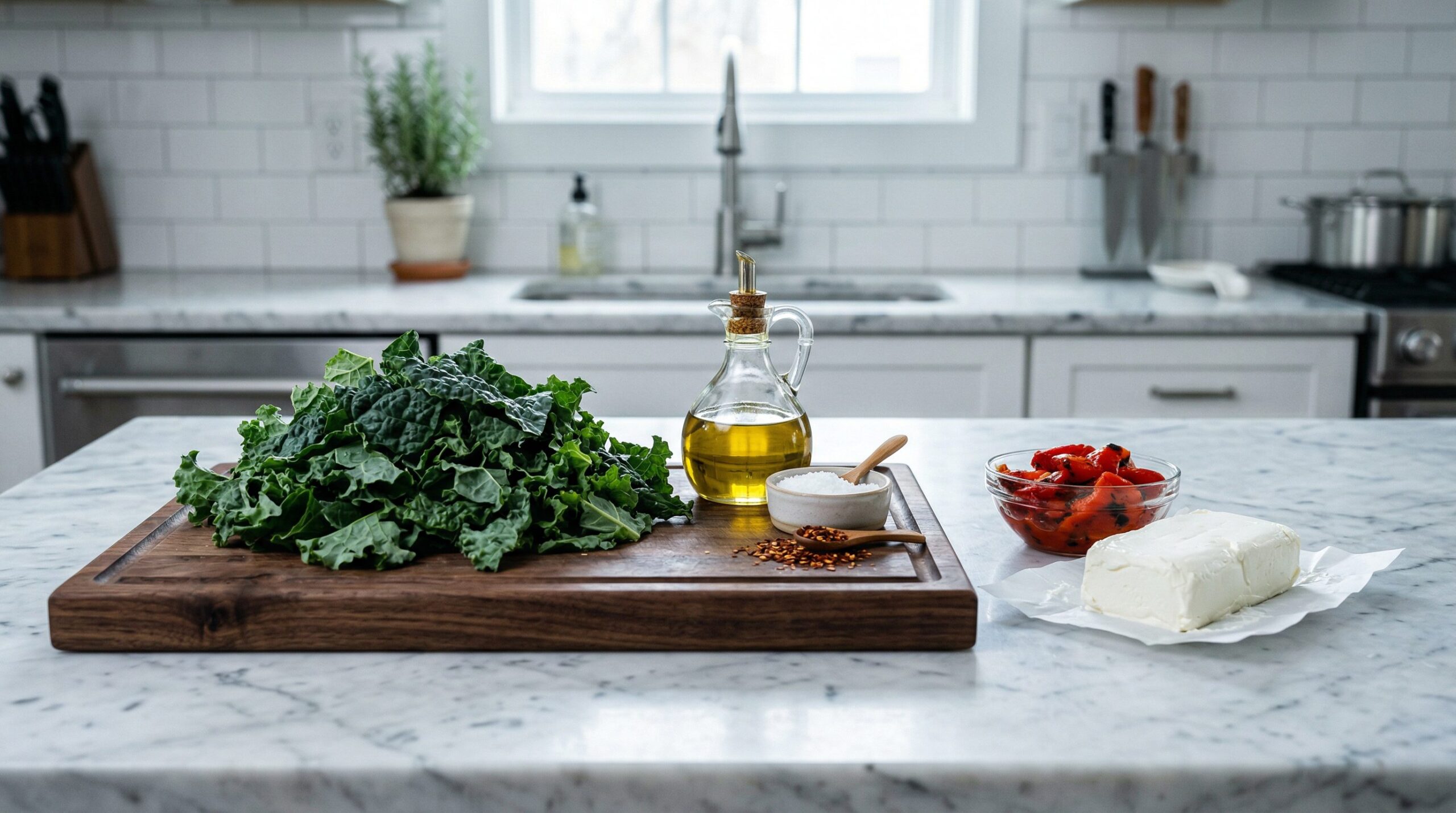 Torn kale being massaged with olive oil beside a roasted red pepper cheddar spread