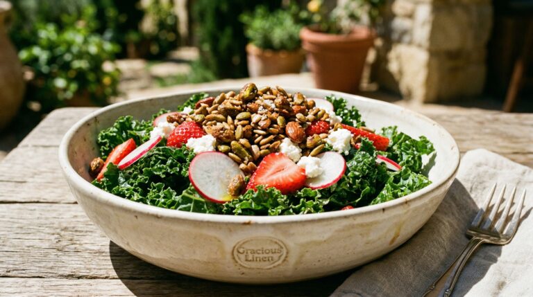 Stunning plated serving of Kale Salad with Strawberries & Goat Cheese, a chef-tested recipe by Chef Jorj Morgan.