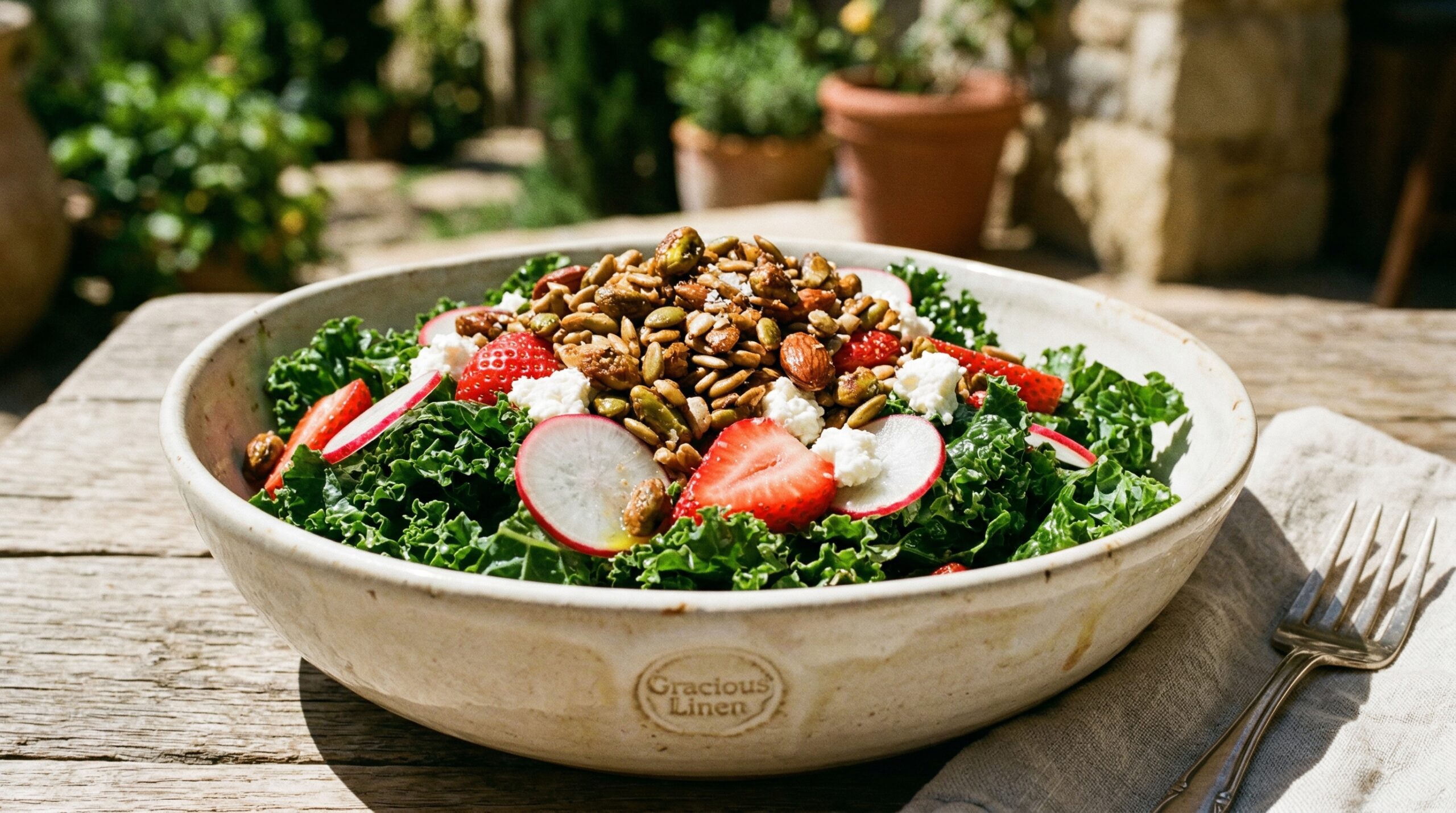 Stunning plated serving of Kale Salad with Strawberries & Goat Cheese, a chef-tested recipe by Chef Jorj Morgan.
