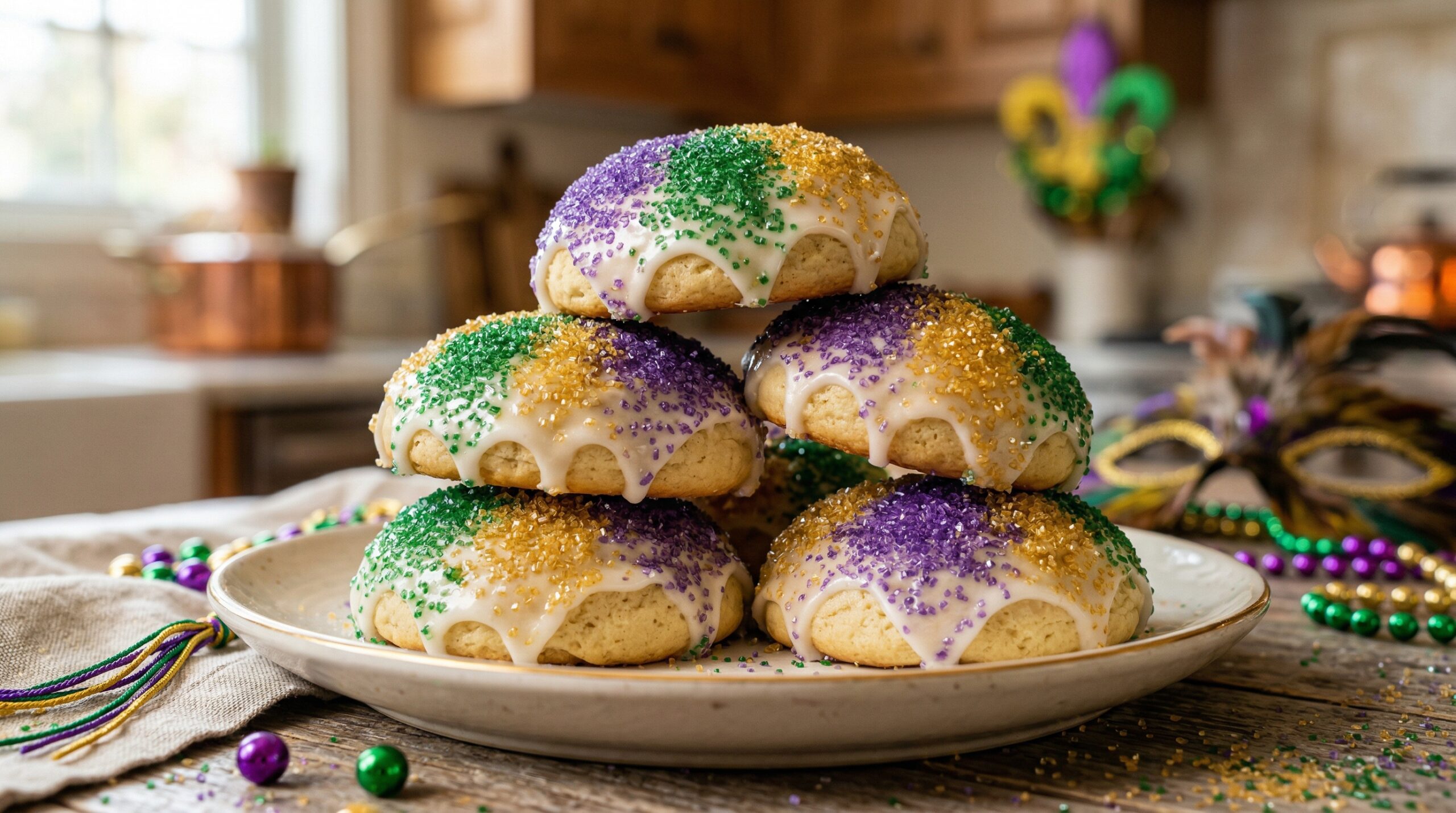 Stunning plated serving of King Cake Cookies, a chef-tested recipe by Chef Jorj Morgan.