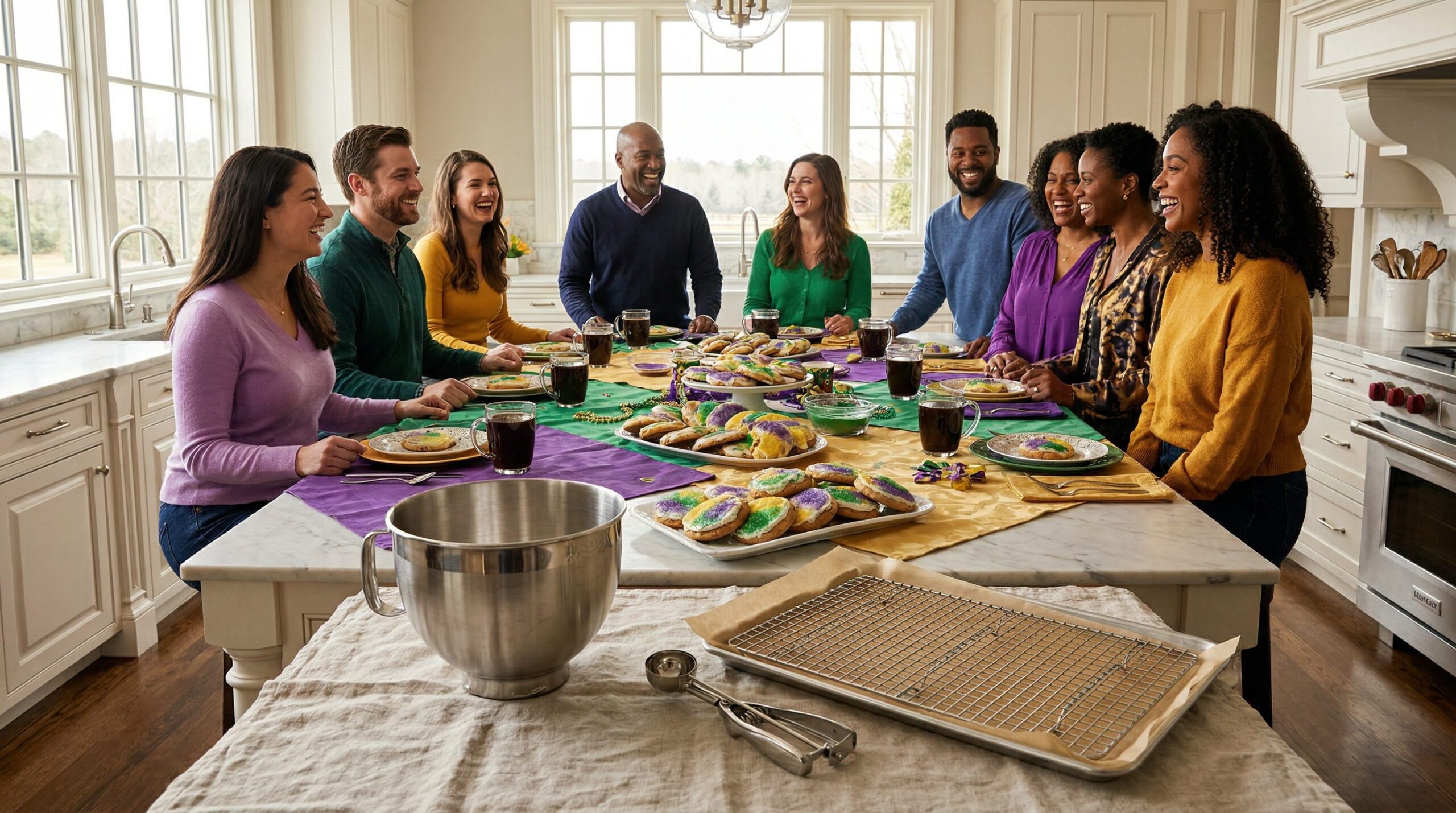 King Cake Cookies plated and served on an estate table