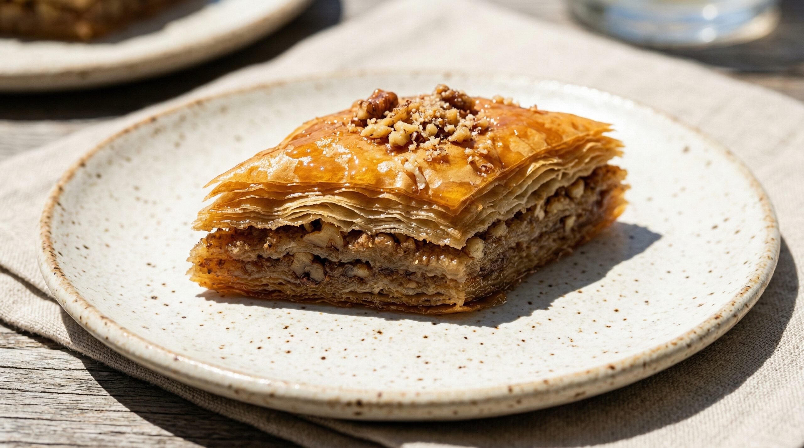 Stunning plated serving of Southern Walnut and Pecan Baklava, a chef-tested recipe by Chef Jorj Morgan.
