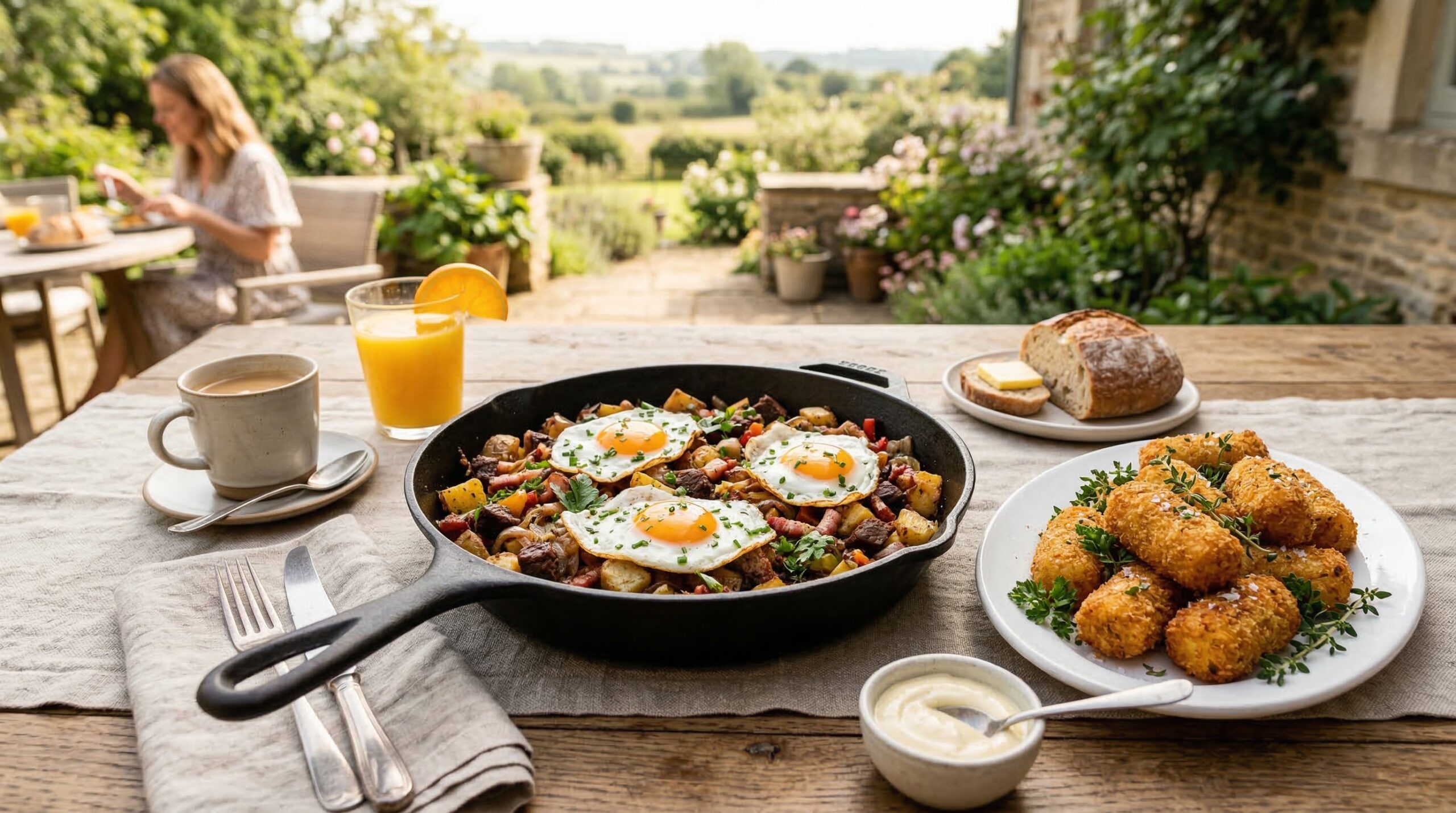 Stunning plated serving of Potato Skillet Breakfast Croquettes, a chef-tested recipe by Chef Jorj Morgan.