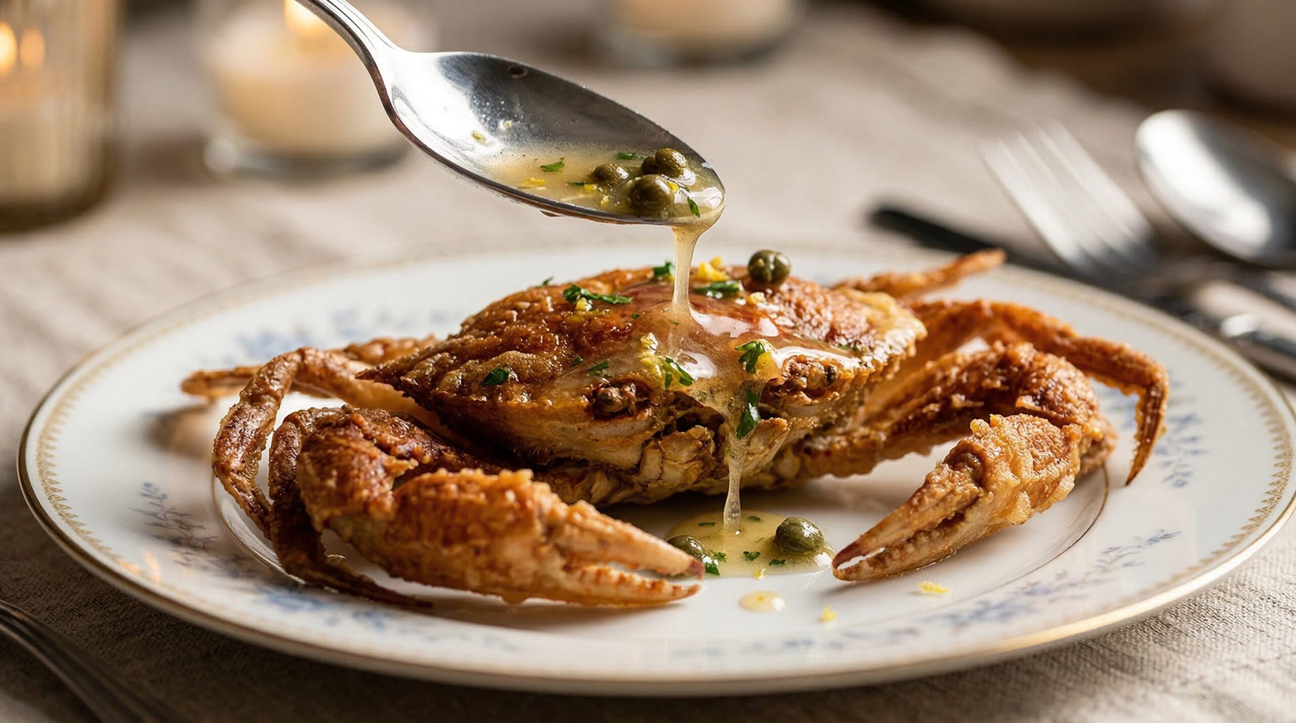 Sautéed Soft Shell Crabs with Caper Butter being prepared
