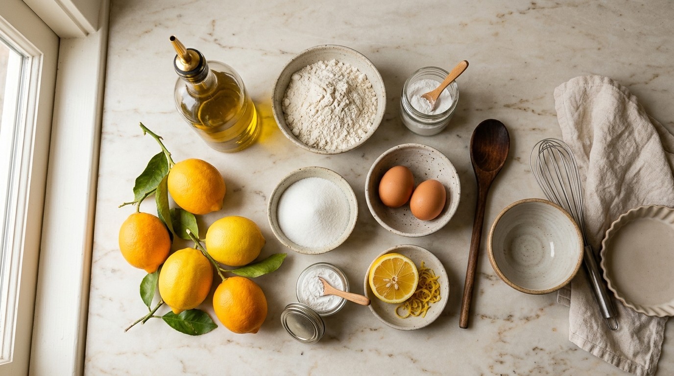 Meyer lemons, olive oil, flour, and eggs arranged for Meyer Lemon Olive Oil Cake