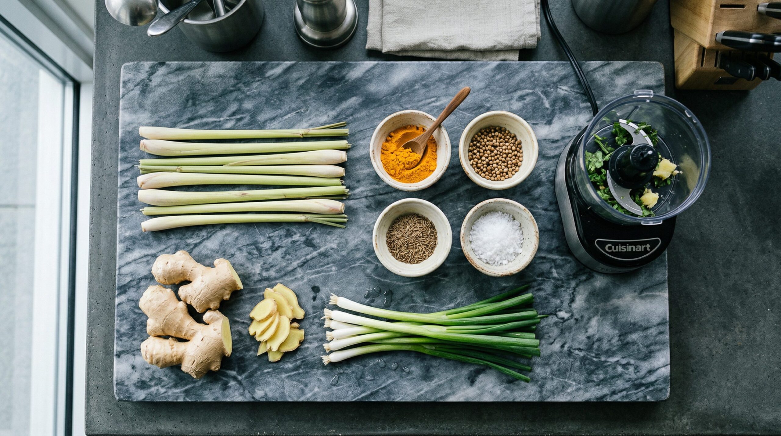 Ingredients for Marinated Shrimp & Ginger-Peanut Dipping Sauce arranged for preparation