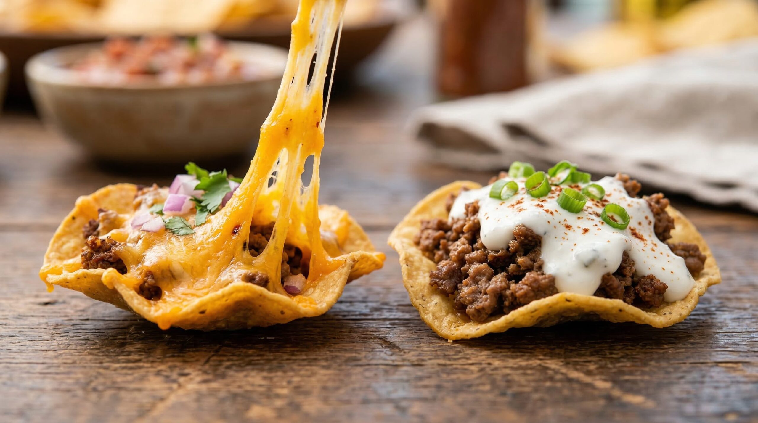 Loaded Nachos with Sausage & Refried Beans being prepared