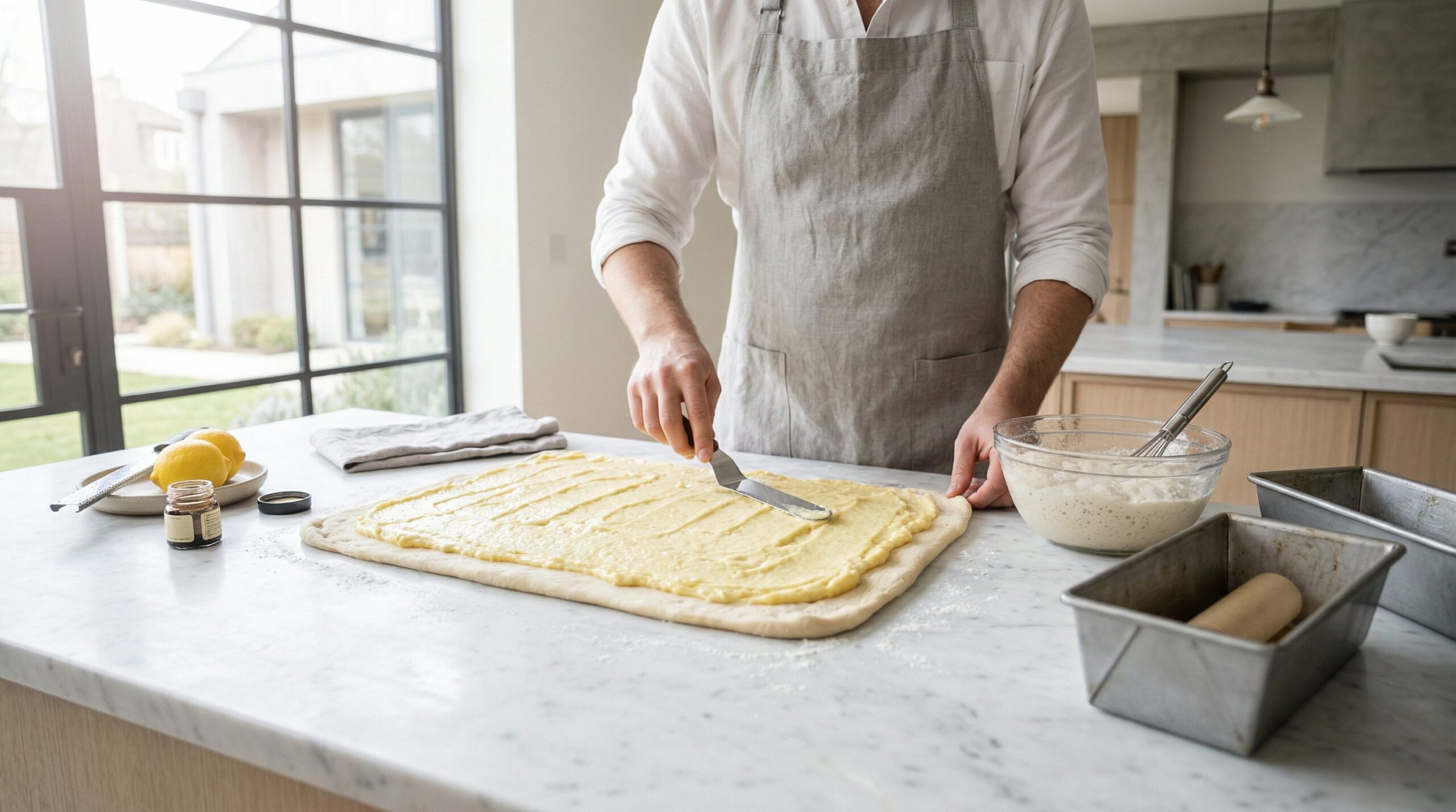 Ingredients for Braided Mardi Gras Bread with Lemon Cream Cheese arranged for preparation