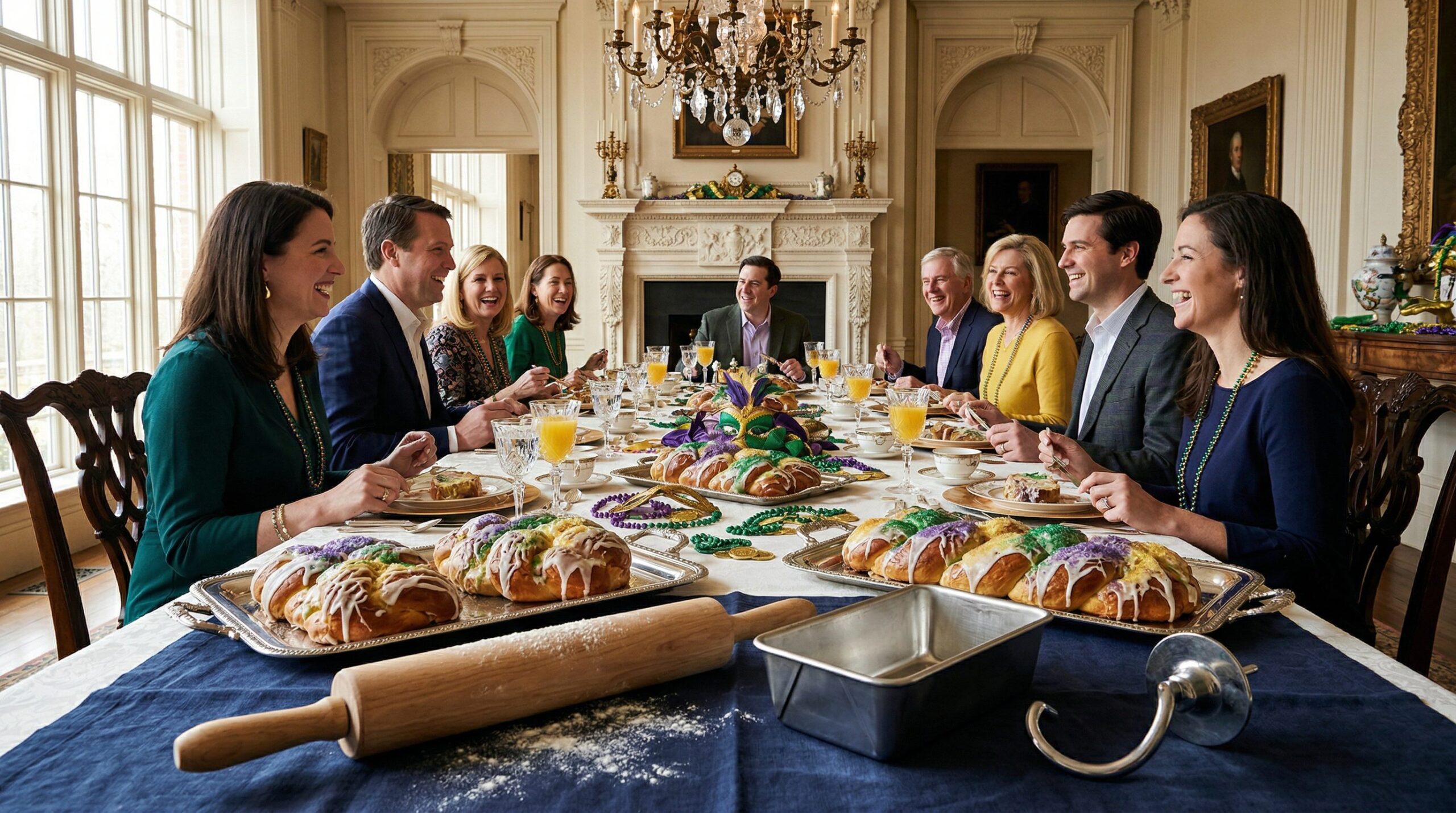 Braided Mardi Gras Bread with Lemon Cream Cheese plated and served on an estate table