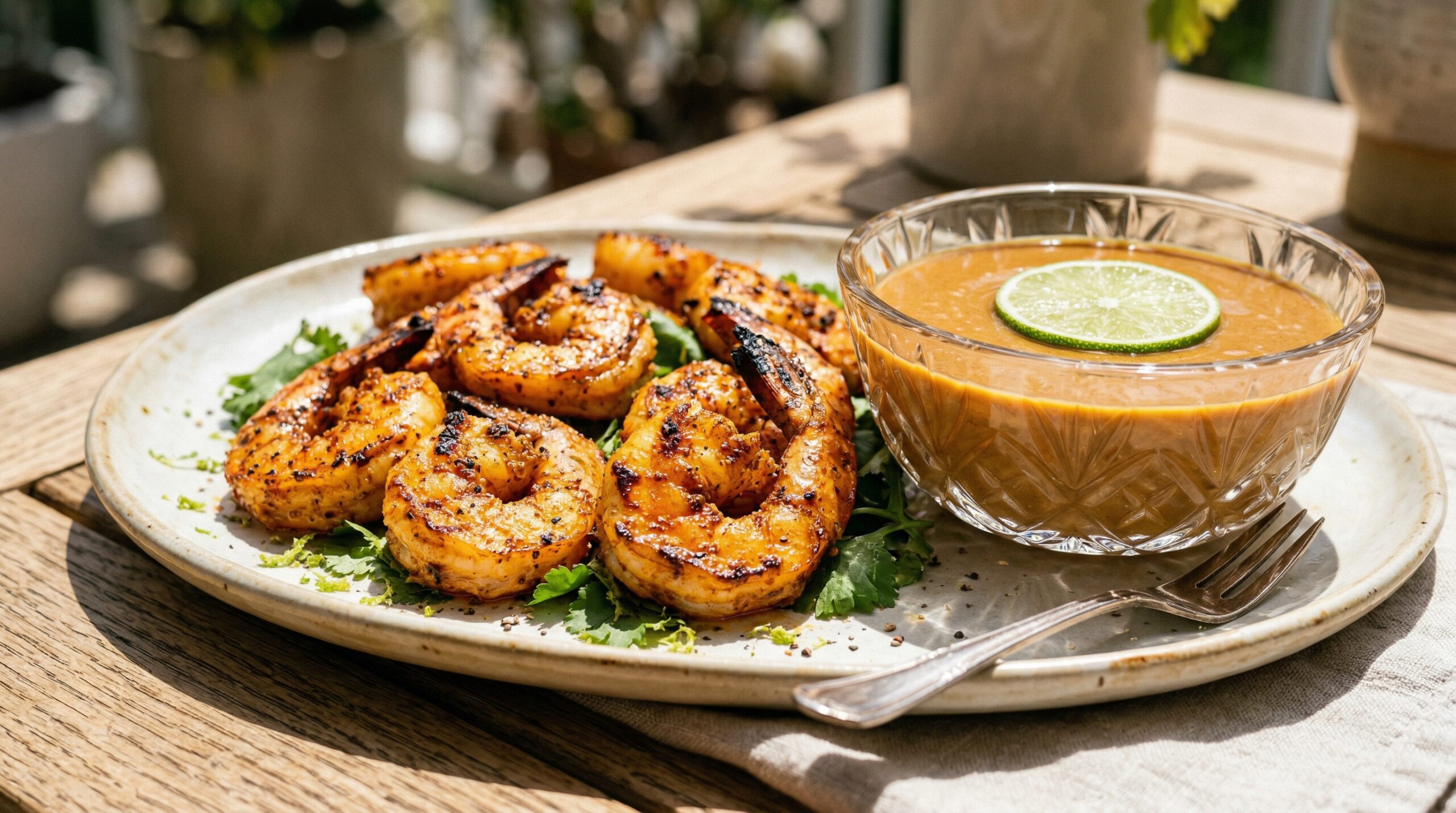 Stunning plated serving of Marinated Shrimp & Ginger-Peanut Dipping Sauce, a chef-tested recipe by Chef Jorj Morgan.