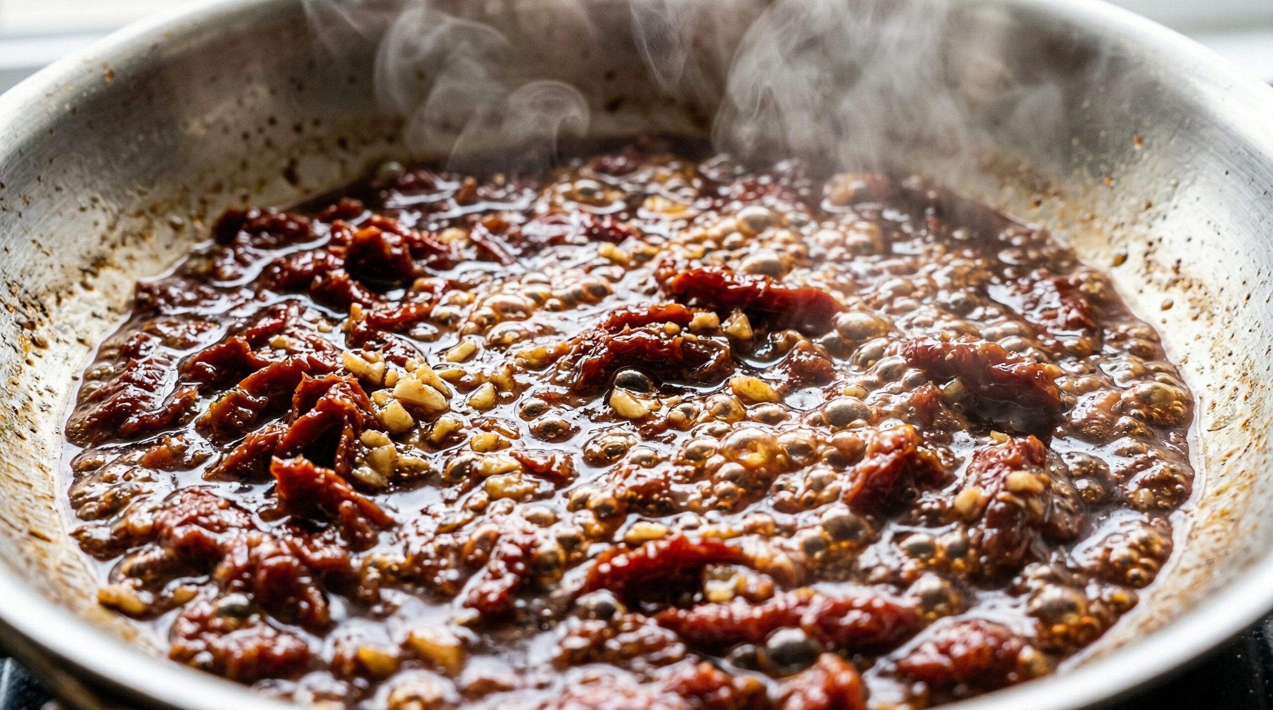 A sun-dried tomato Marsala reduction simmering to a glossy syrup in a skillet