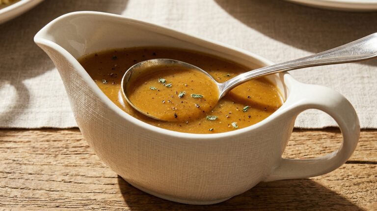 Stunning plated serving of Master Turkey Gravy, a chef-tested recipe by Chef Jorj Morgan.