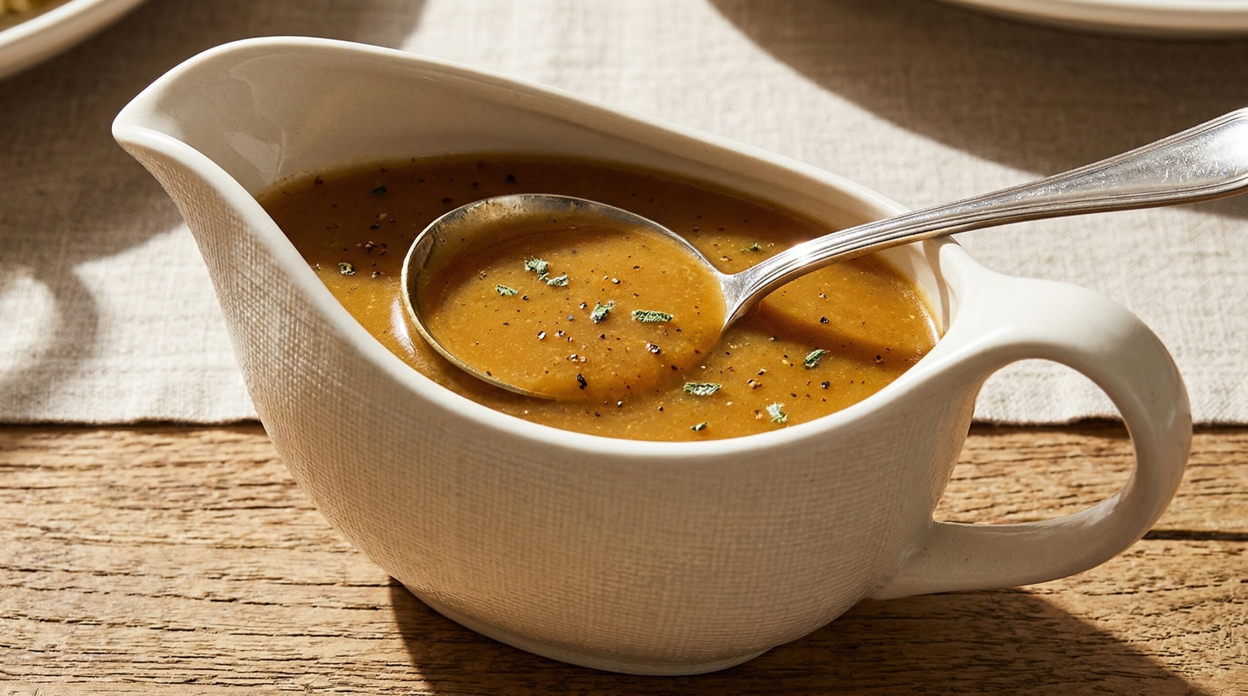 Stunning plated serving of Master Turkey Gravy, a chef-tested recipe by Chef Jorj Morgan.