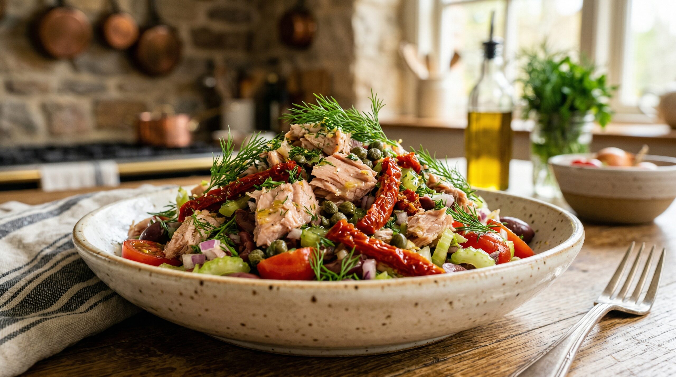 Stunning plated serving of Mediterranean Tuna Salad, a chef-tested recipe by Chef Jorj Morgan.