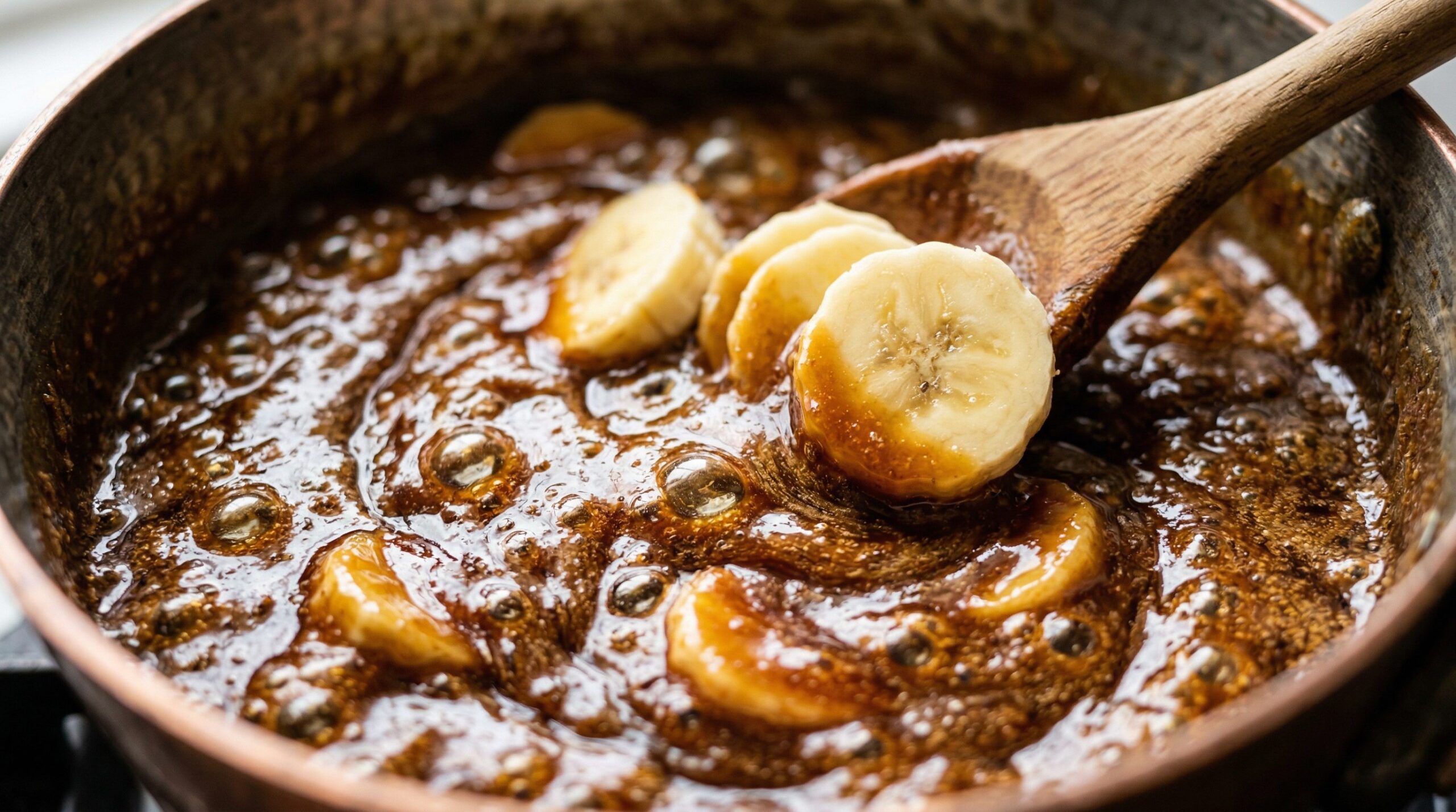 Banana rounds folding into a smooth, glossy molasses banana cream sauce in a saucepan