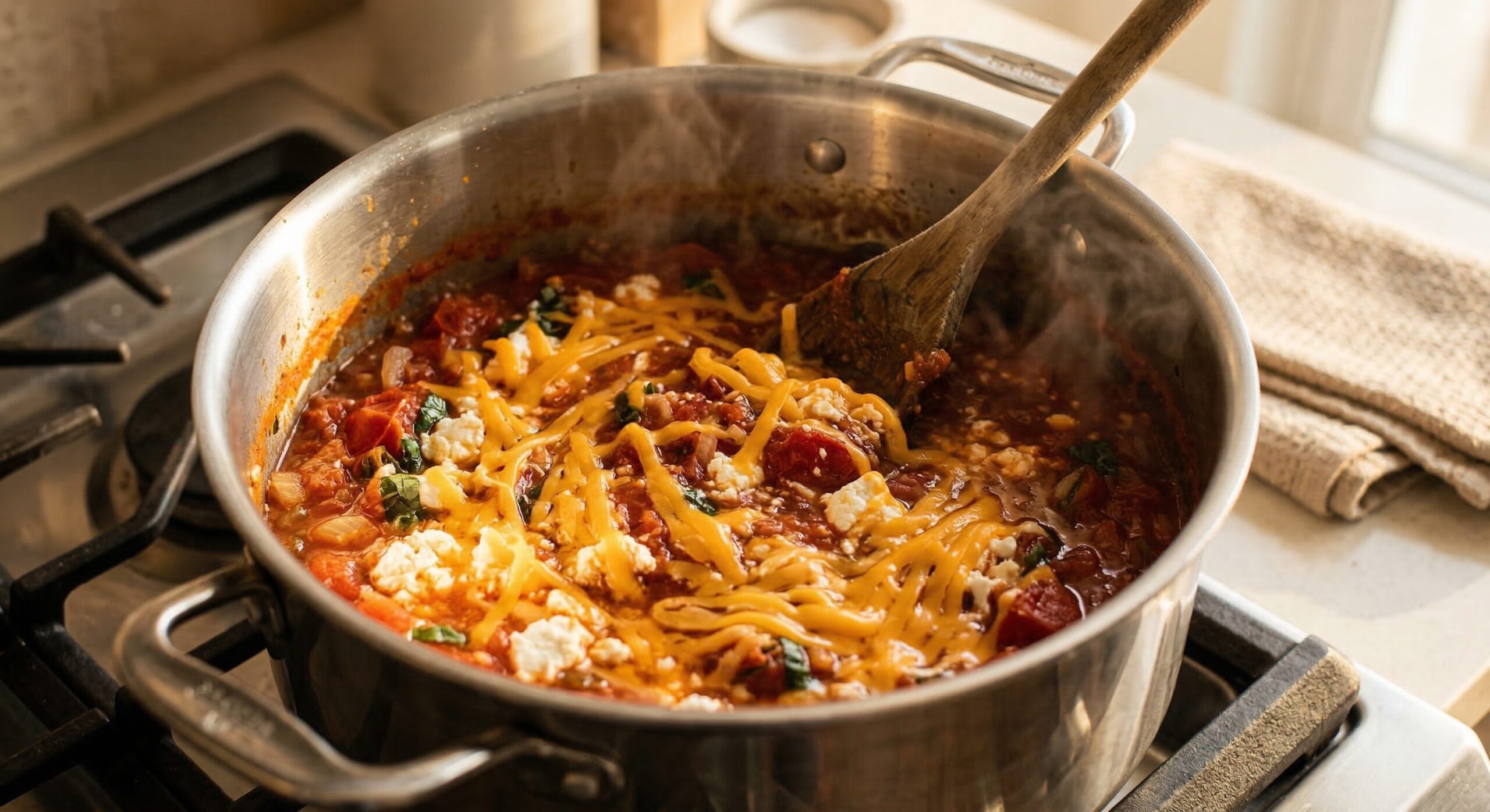 Cheddar and feta melting into a bubbling tomato soup base