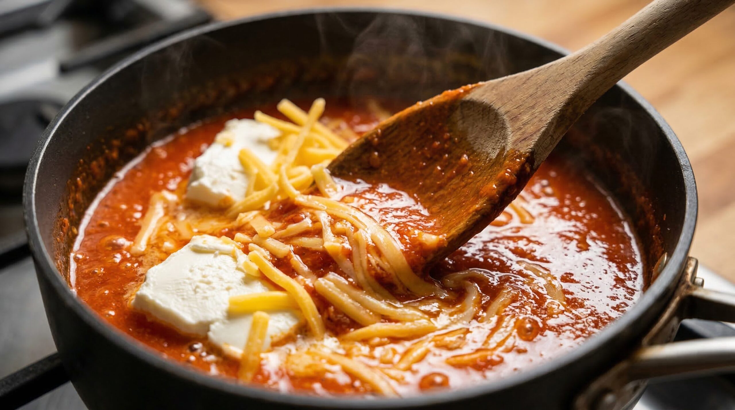 Cream cheese and hot sauce melting into a skillet of buffalo chicken dip, stirred smooth