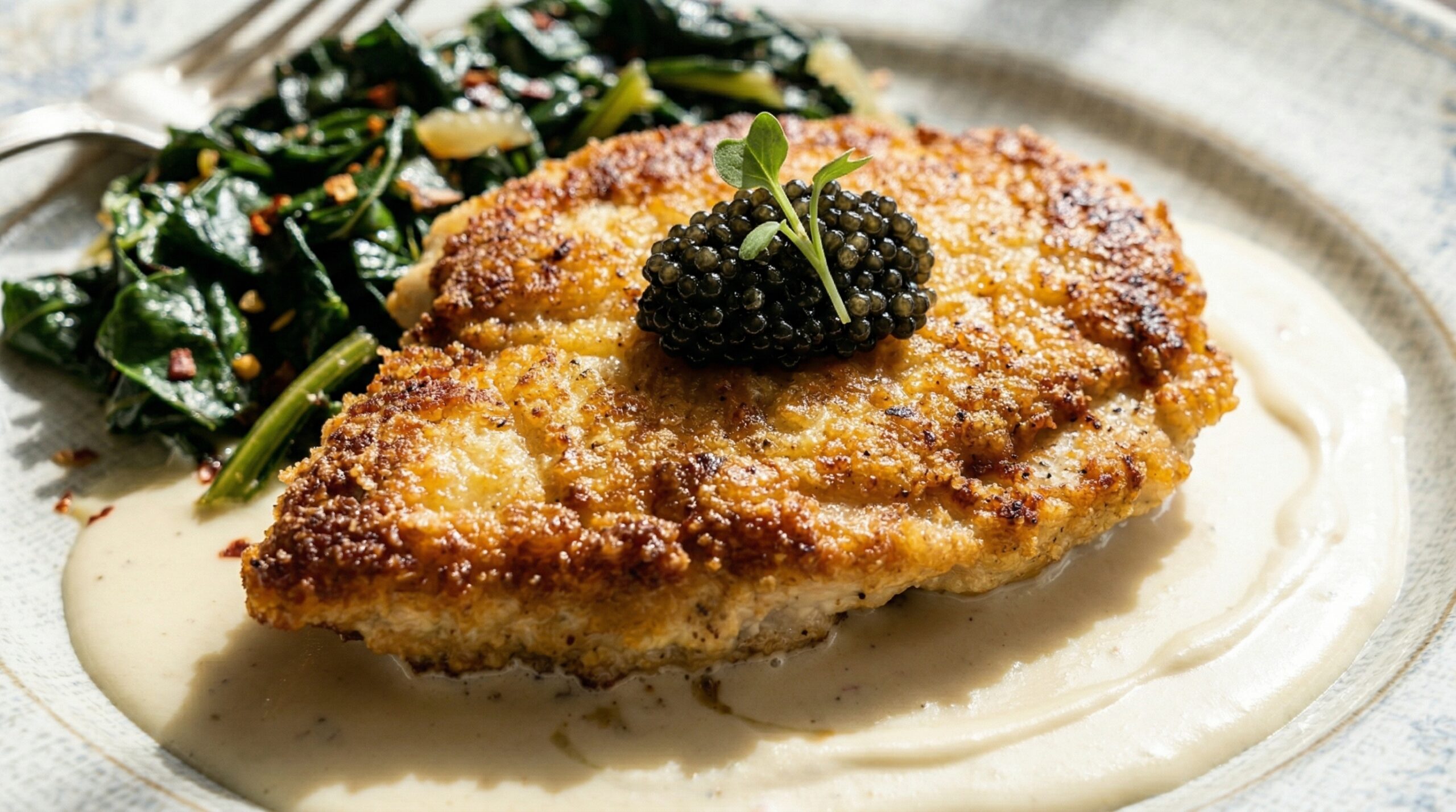 Stunning plated serving of Crispy Breaded Chicken Breast with Caviar & Dijon Cream, a chef-tested recipe by Chef Jorj Morgan.