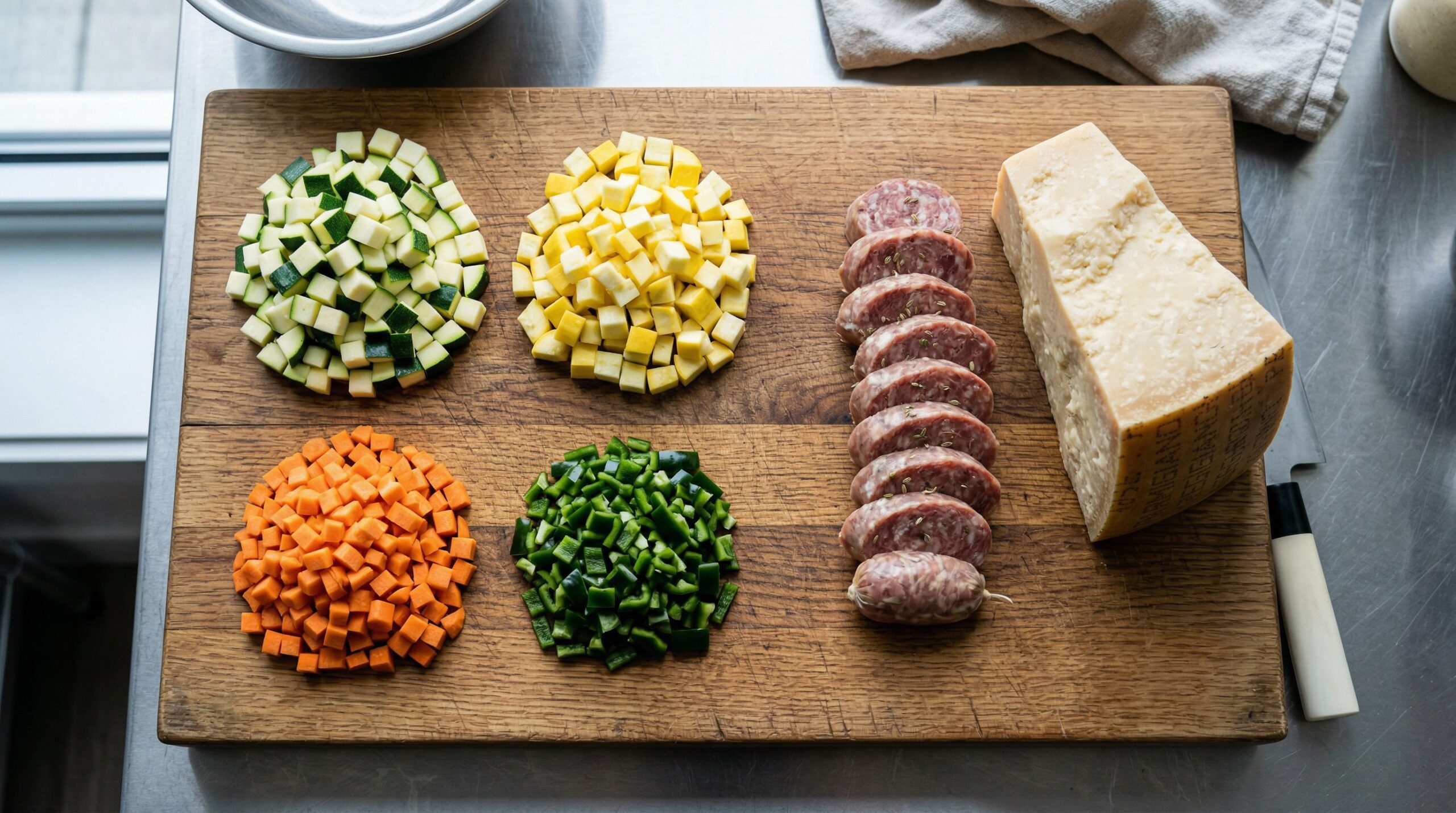 Ingredients for Italian Minestrone Soup with Sausage & Vegetables arranged for preparation