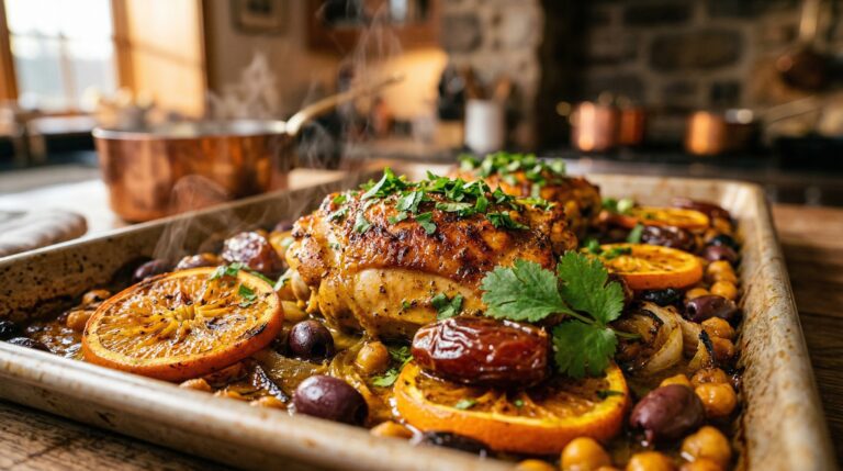 Stunning plated serving of Moroccan Sheet Pan Chicken, a chef-tested recipe by Chef Jorj Morgan.