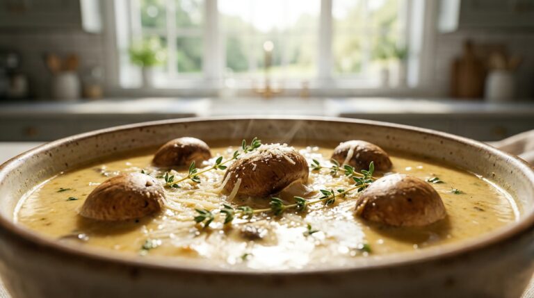 Stunning plated serving of Cream of Bella n’ Cremini Mushroom Soup, a chef-tested recipe by Chef Jorj Morgan.