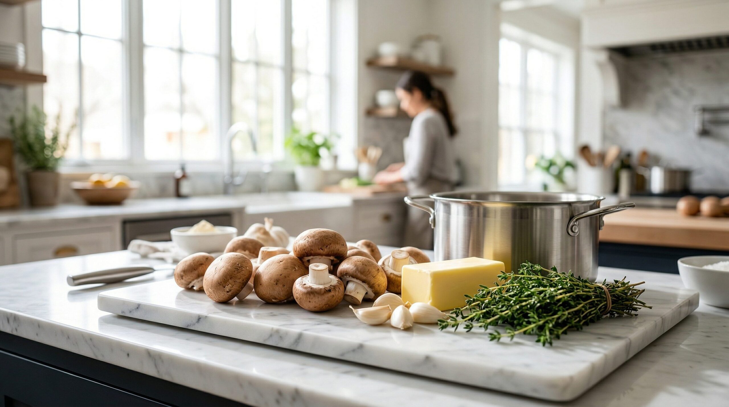 Bella and Cremini mushrooms, butter, thyme, cream, and Parmesan arranged for mushroom soup