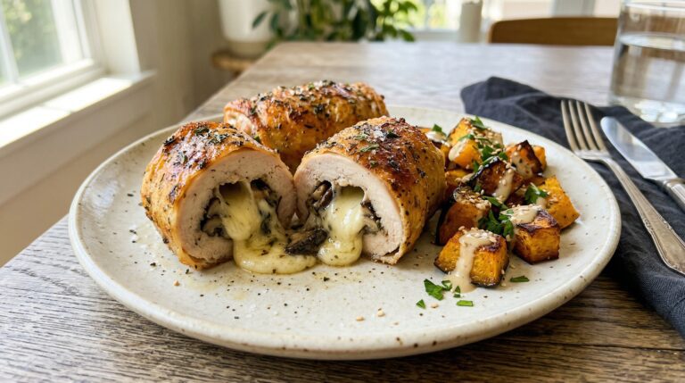 Stunning plated serving of Mushroom Stuffed Chicken Rolls & Tahini Squash, a chef-tested recipe by Chef Jorj Morgan.
