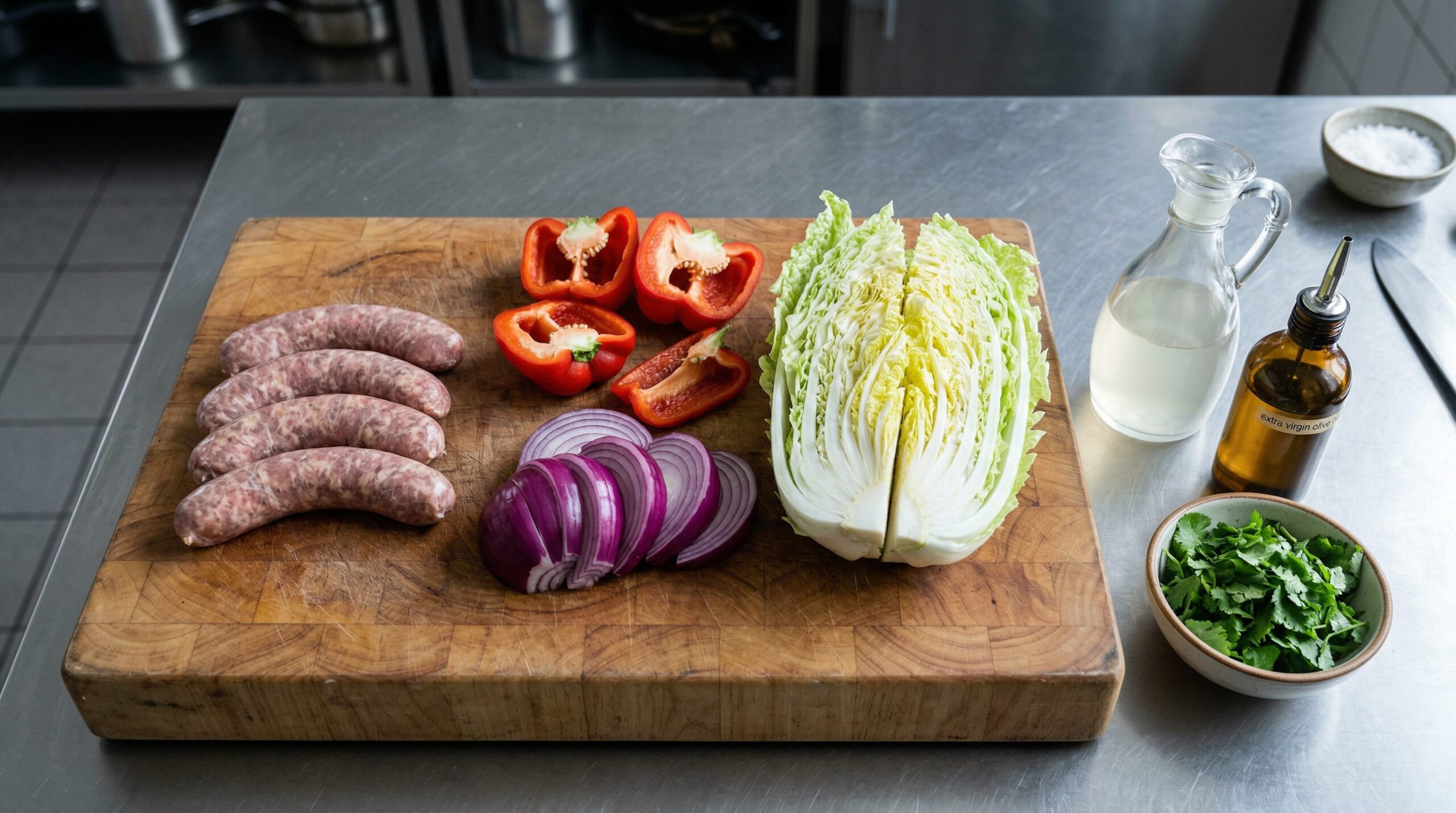 Ingredients for Grilled Bratwurst Tacos arranged for preparation
