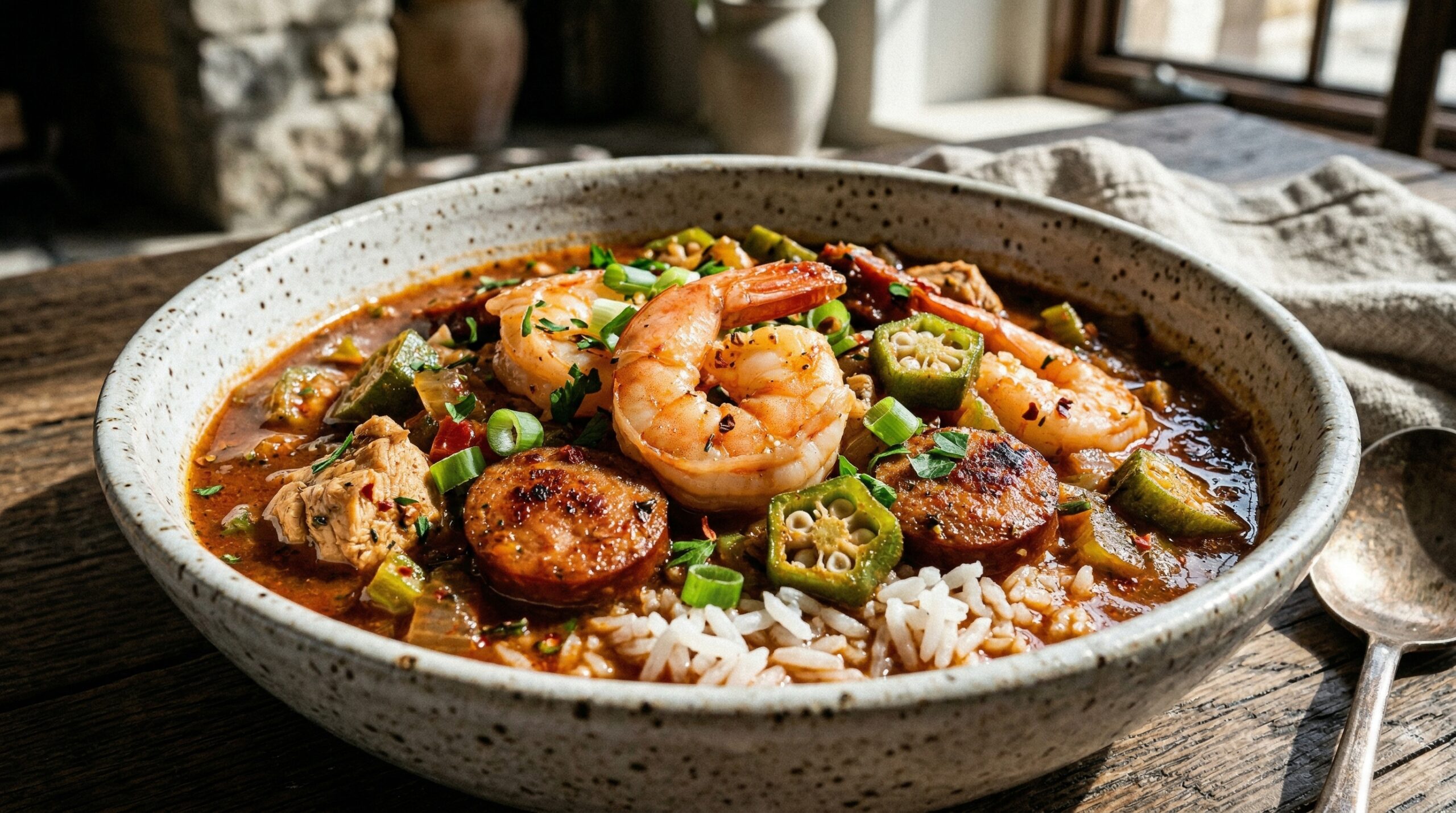 Stunning plated serving of Shrimp & Andouille Sausage Jambalaya Stew, a chef-tested recipe by Chef Jorj Morgan.