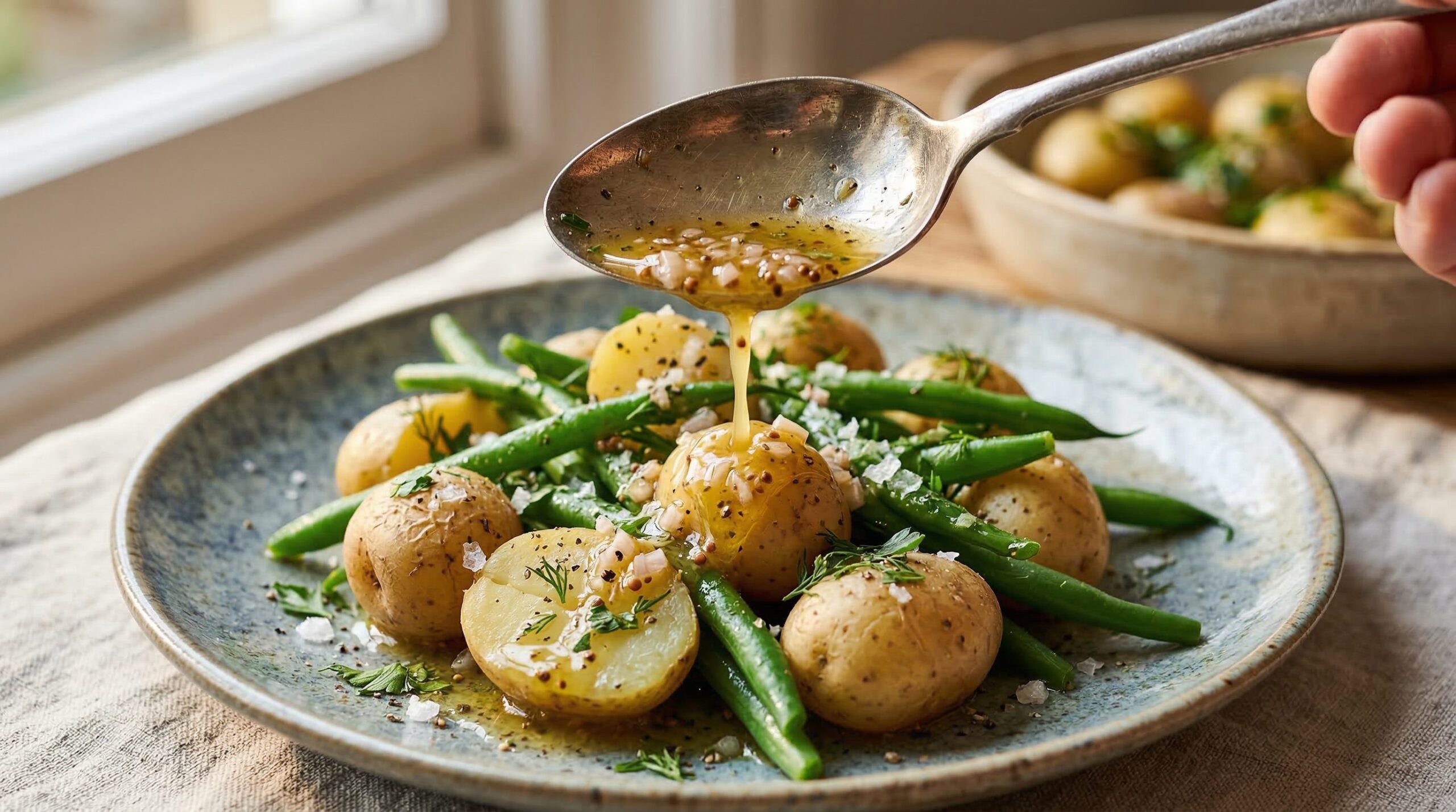 A shallot and Dijon vinaigrette being whisked beside components of a Nicoise platter