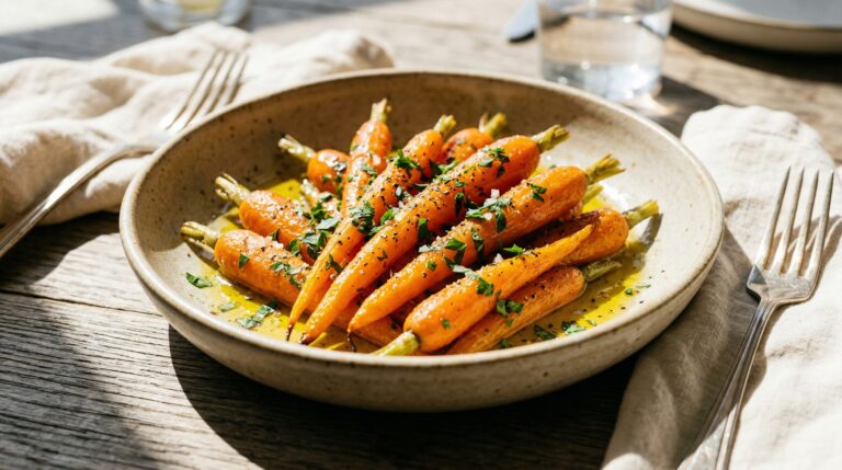 Stunning plated serving of Olive Oil Poached Carrots, a chef-tested recipe by Chef Jorj Morgan.
