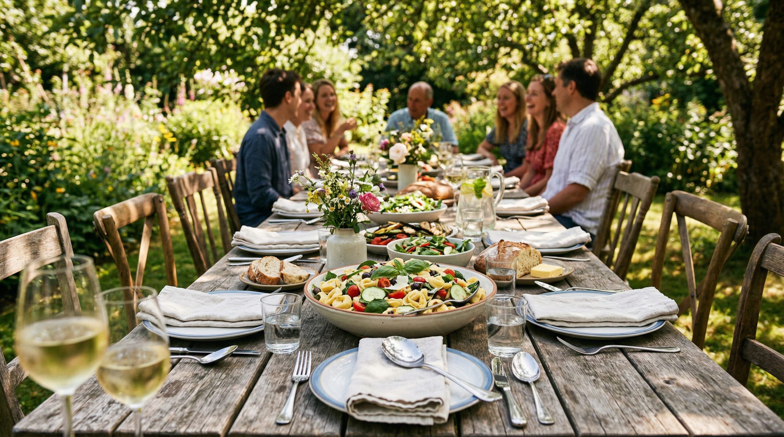A bowl of Southwestern tortellini pasta salad on a shaded outdoor estate luncheon table