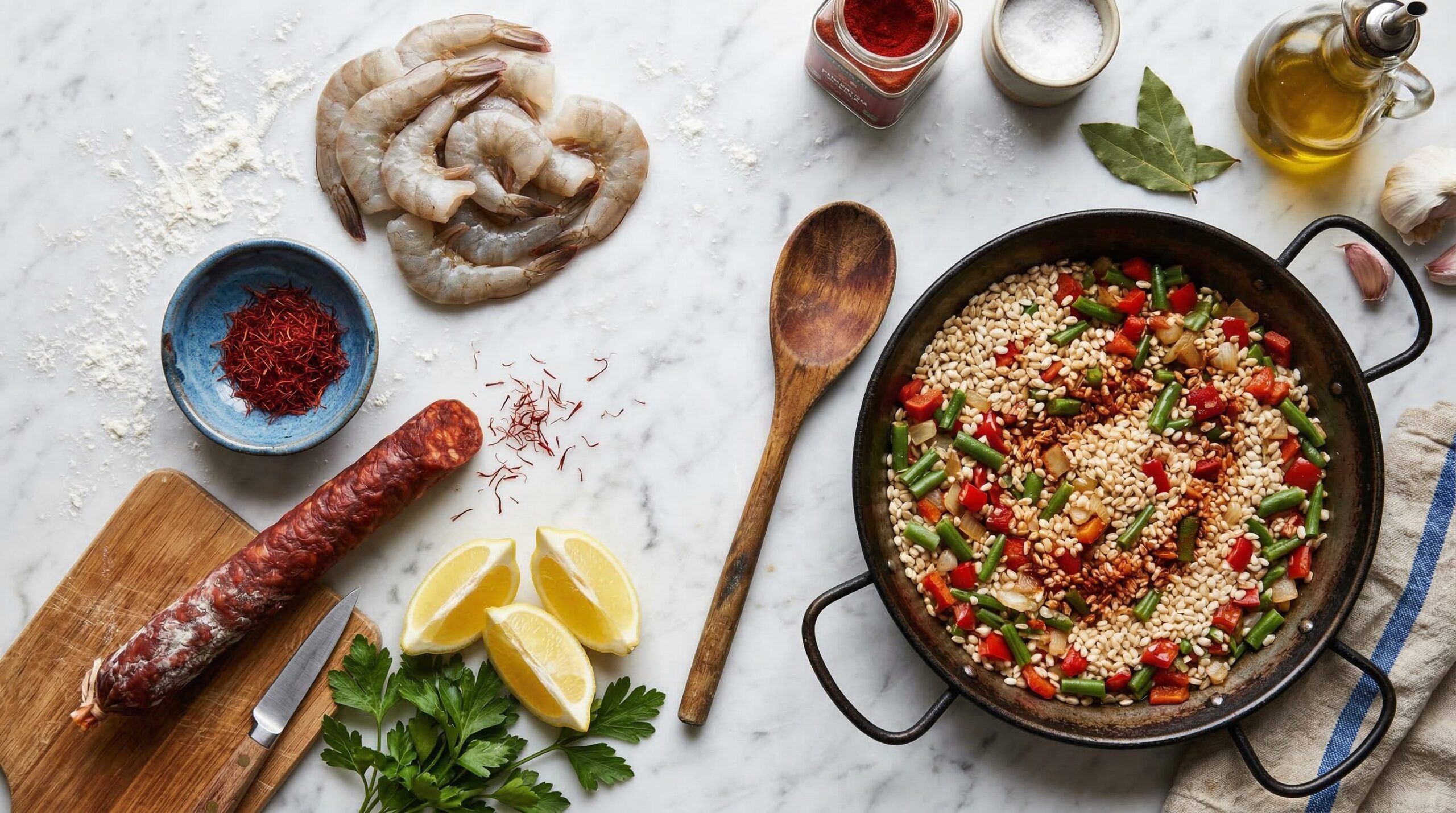 Ingredients for Skillet Shrimp & Andouille Sausage Paella arranged for preparation
