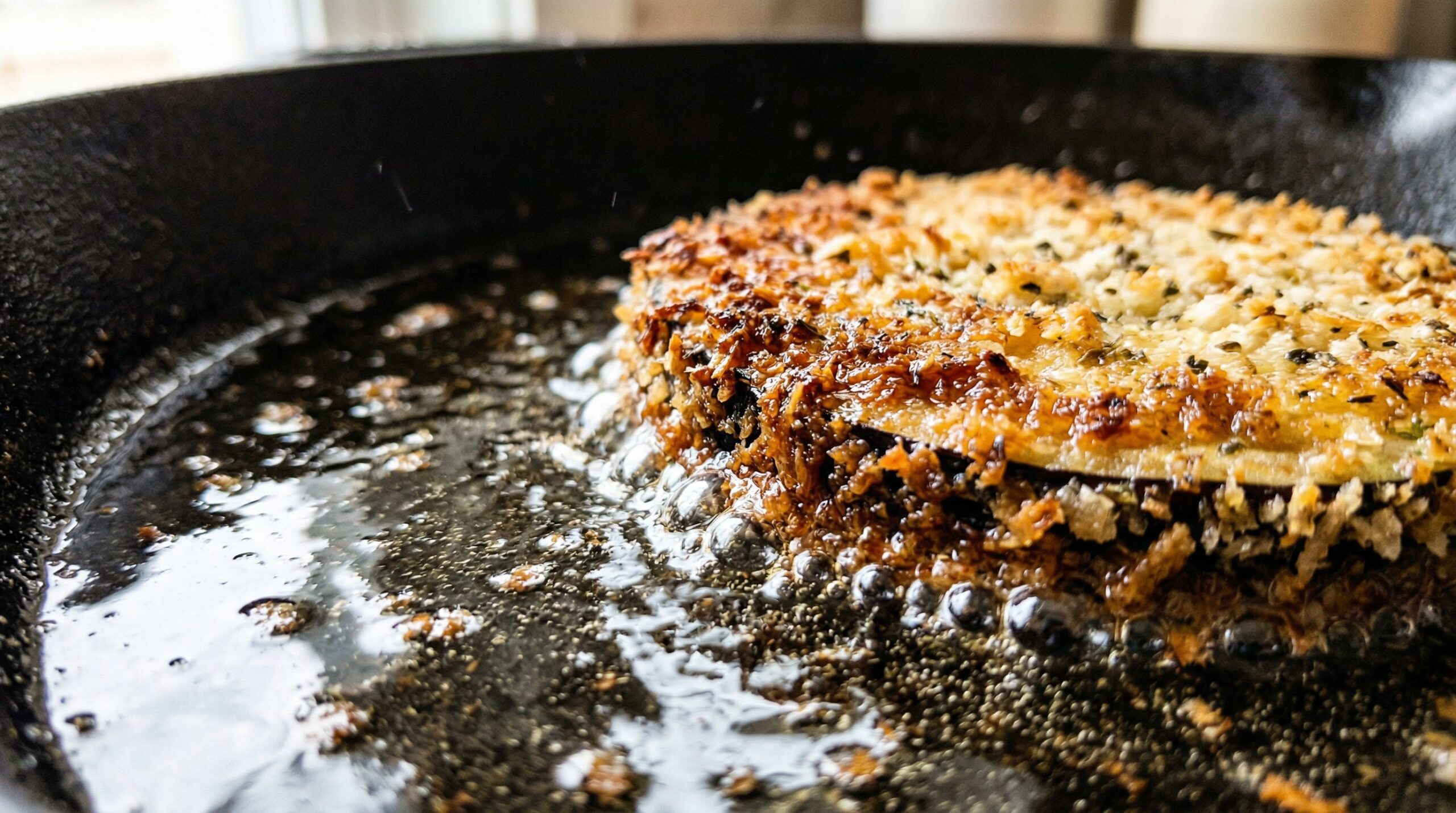 Breaded eggplant rounds frying to deep golden brown in a skillet