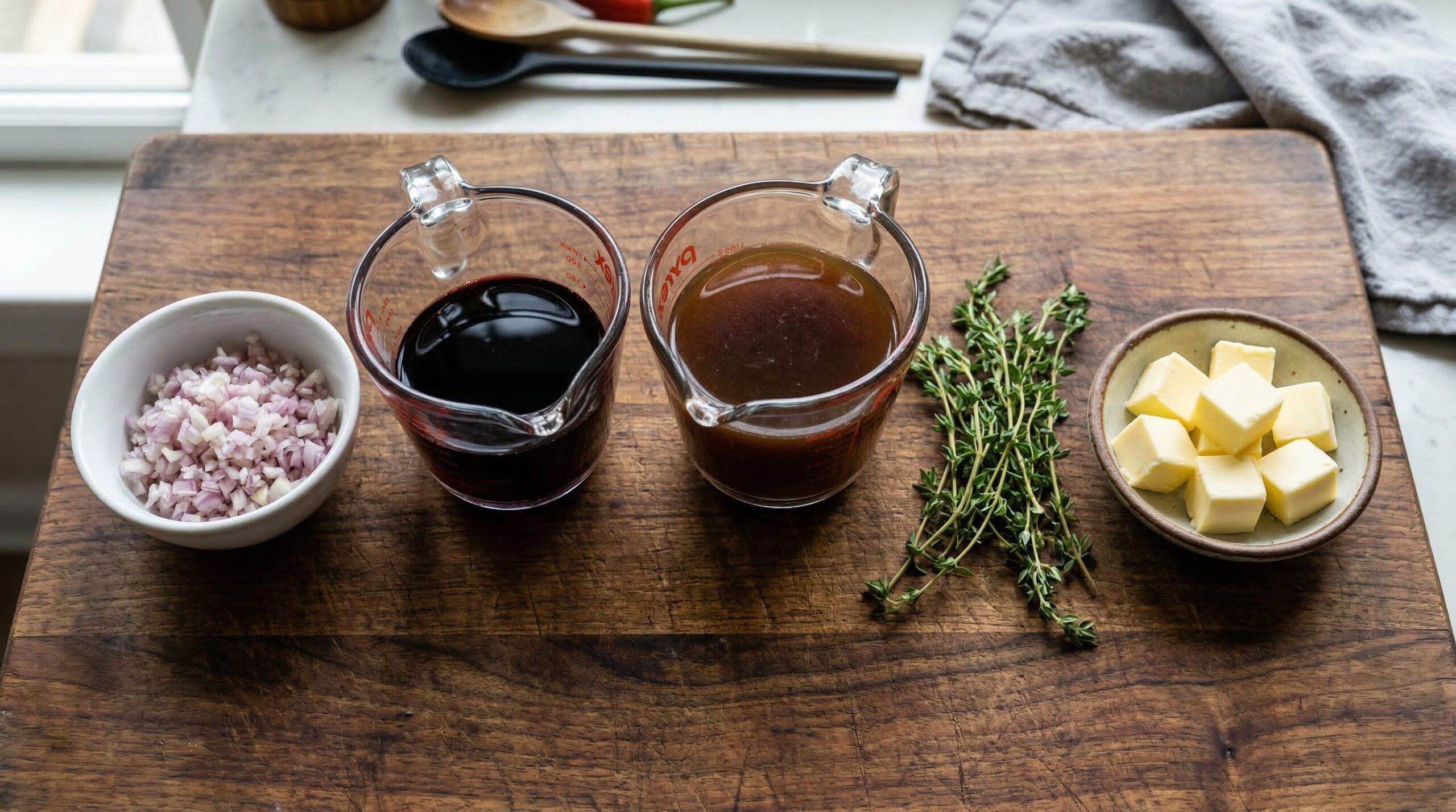 Ingredients for Shallot and Wine Pan-Reduction Sauce arranged for preparation