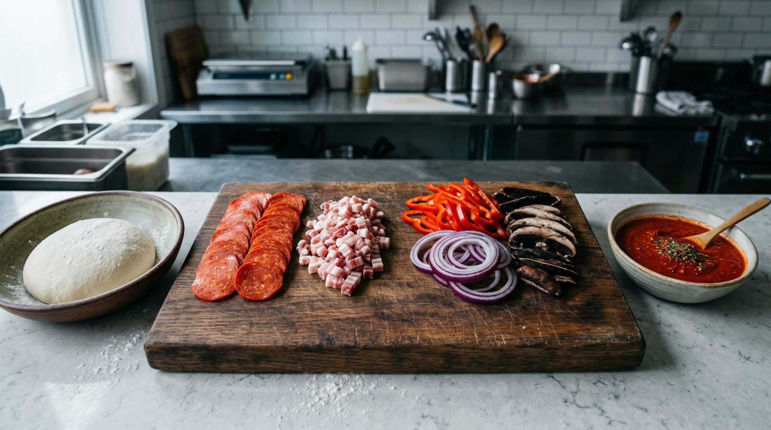 Ingredients for Pepperoni, Pancetta & Pepper (PPP) Pizza arranged for preparation