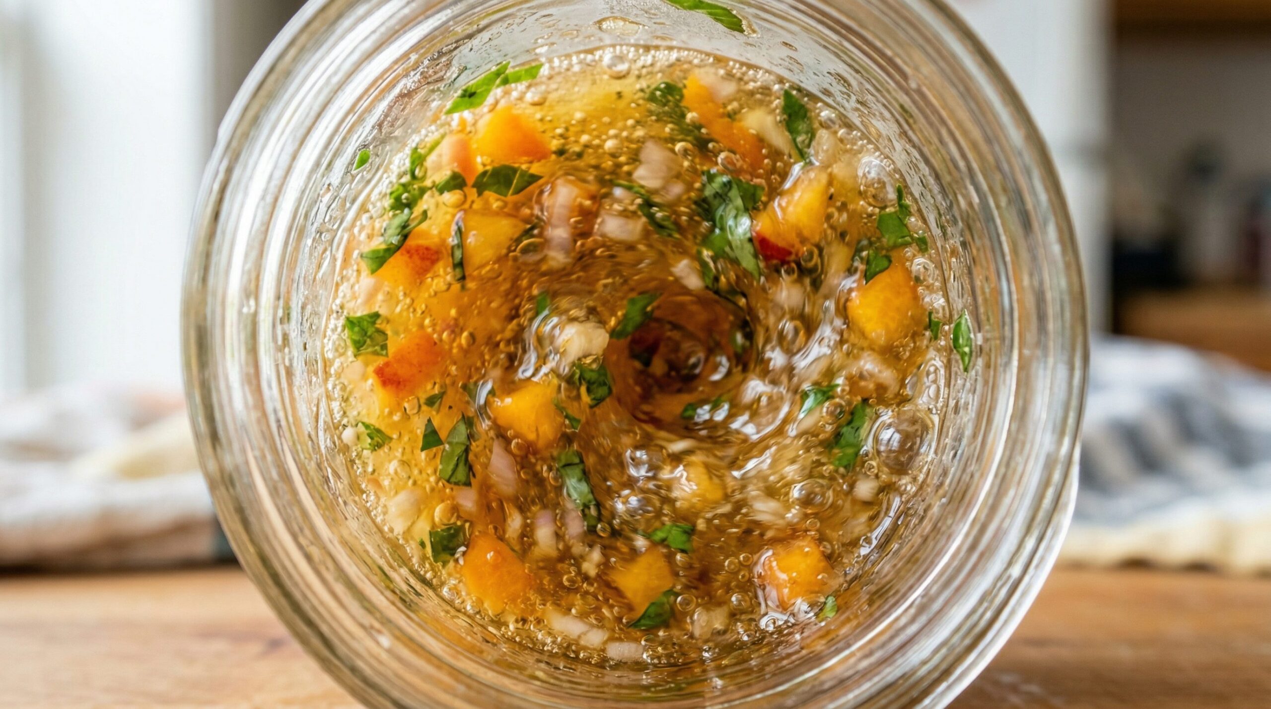 A peach and basil vinaigrette being shaken in a jar for a caprese salad