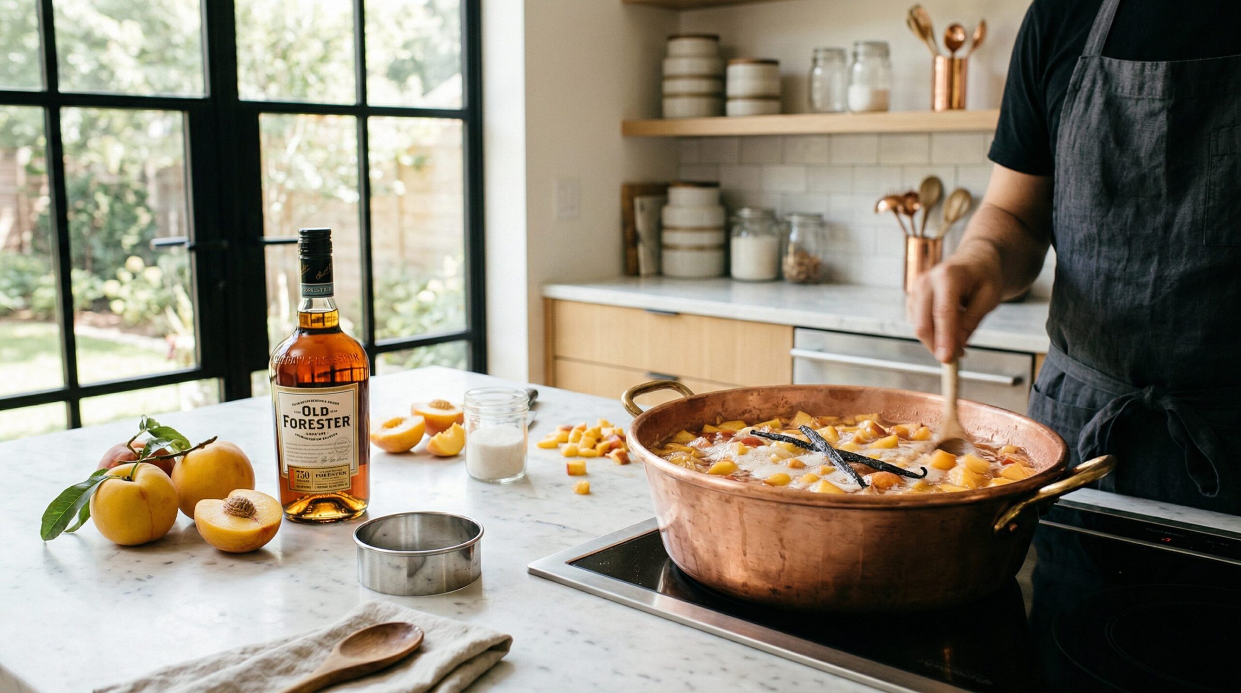 Ingredients for Peach Empanadas with Bourbon Preserves arranged for preparation