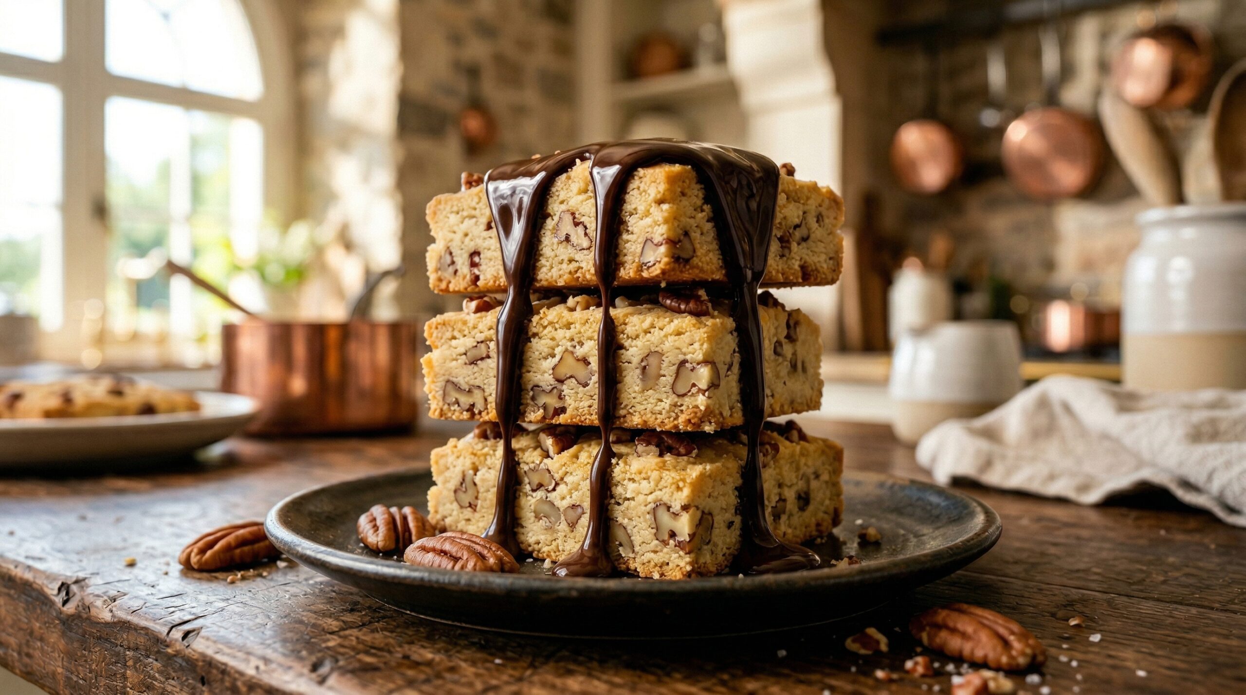 Stunning plated serving of Pecan Shortbread Cookies with Dark Chocolate Drizzle, a chef-tested recipe by Chef Jorj Morgan.