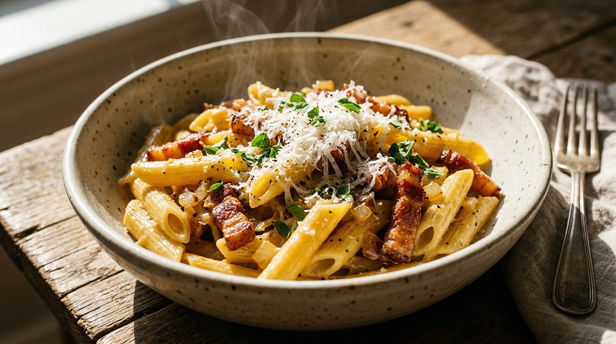 Stunning plated serving of Penne Pasta Carbonara, a chef-tested recipe by Chef Jorj Morgan.