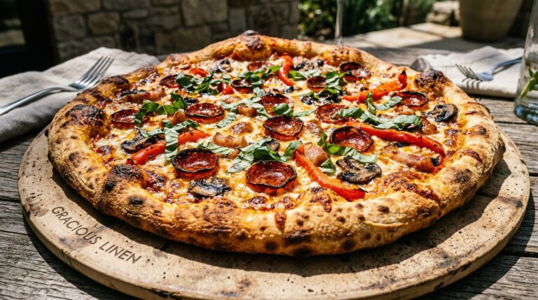Stunning plated serving of Pepperoni, Pancetta & Pepper (PPP) Pizza, a chef-tested recipe by Chef Jorj Morgan.