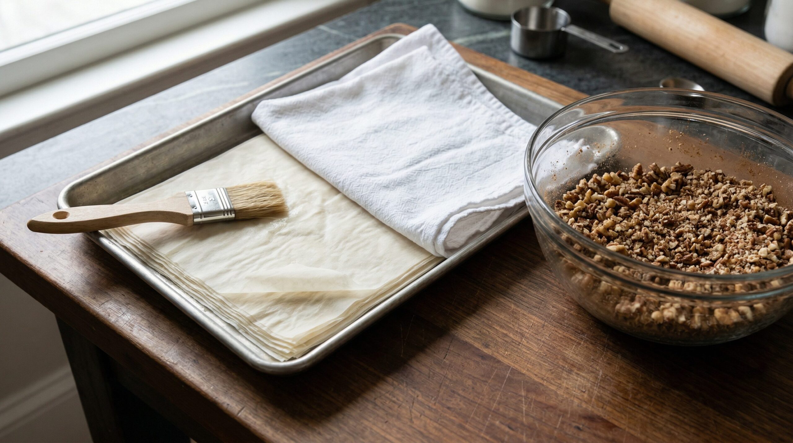 Ingredients for Southern Walnut and Pecan Baklava arranged for preparation