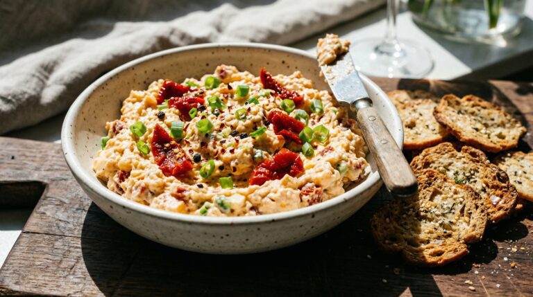 Stunning plated serving of Pimento Cheese & Sun-Dried Tomato Dip, a chef-tested recipe by Chef Jorj Morgan.