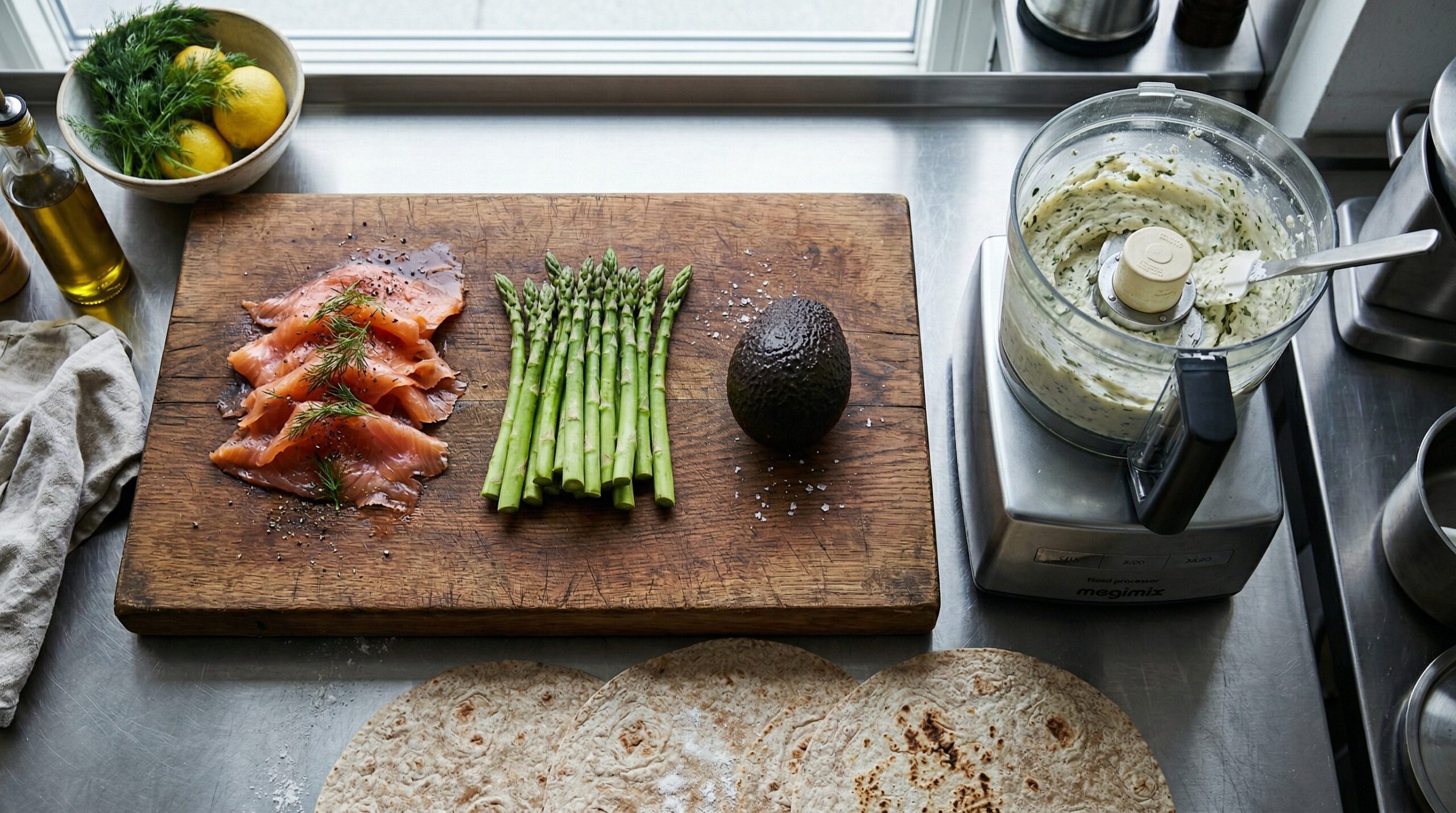 Ingredients for Turkey, Salmon, and Corned Beef Tortilla Pinwheels arranged for preparation