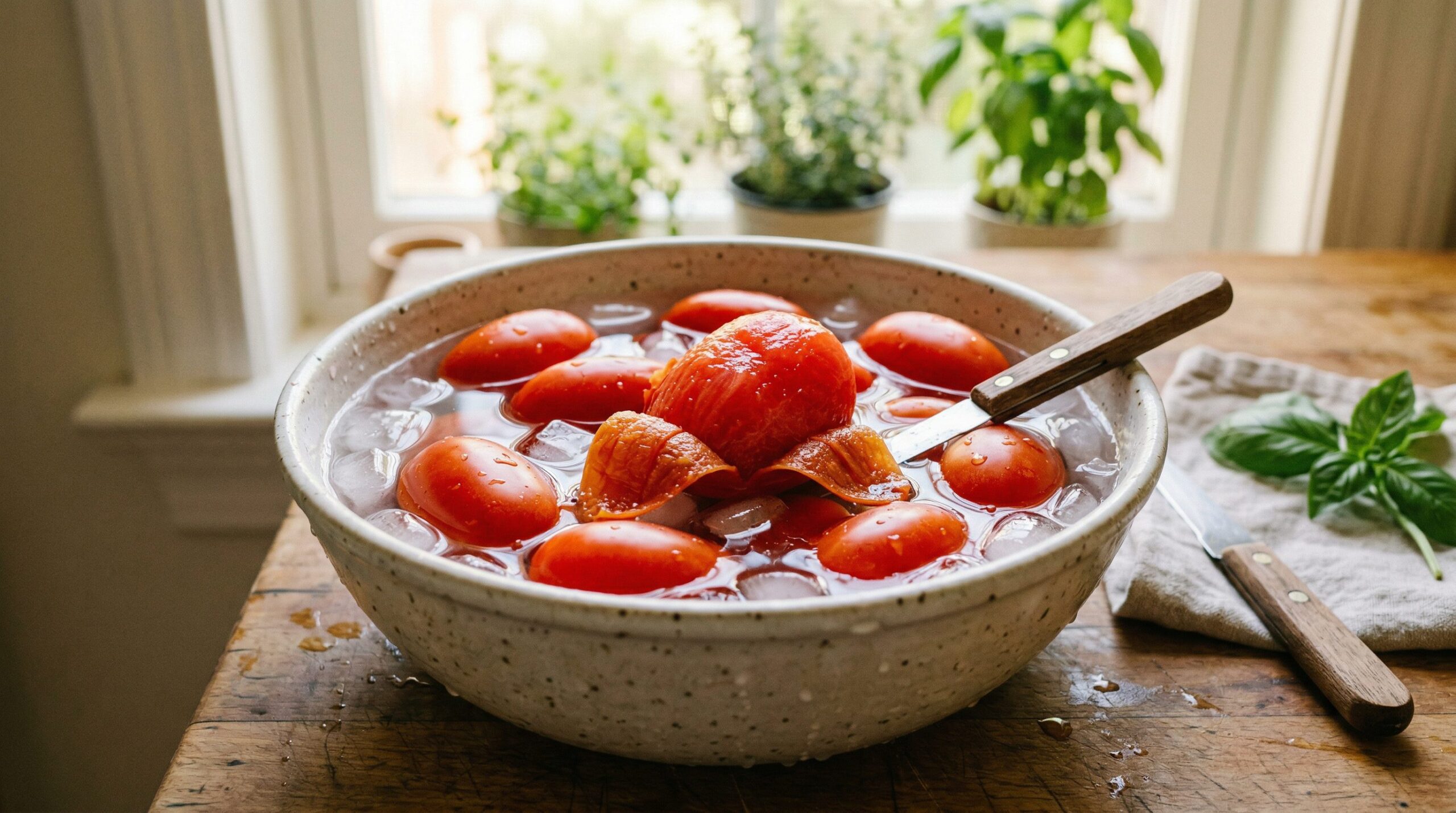 Plum tomatoes being blanched and shocked in an ice water bath beside strawberries and basil