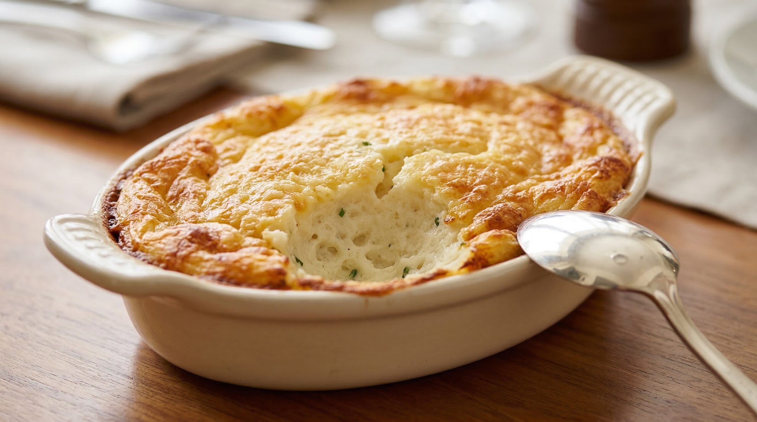 Lush whipped Chantilly potatoes baked in a ceramic dish