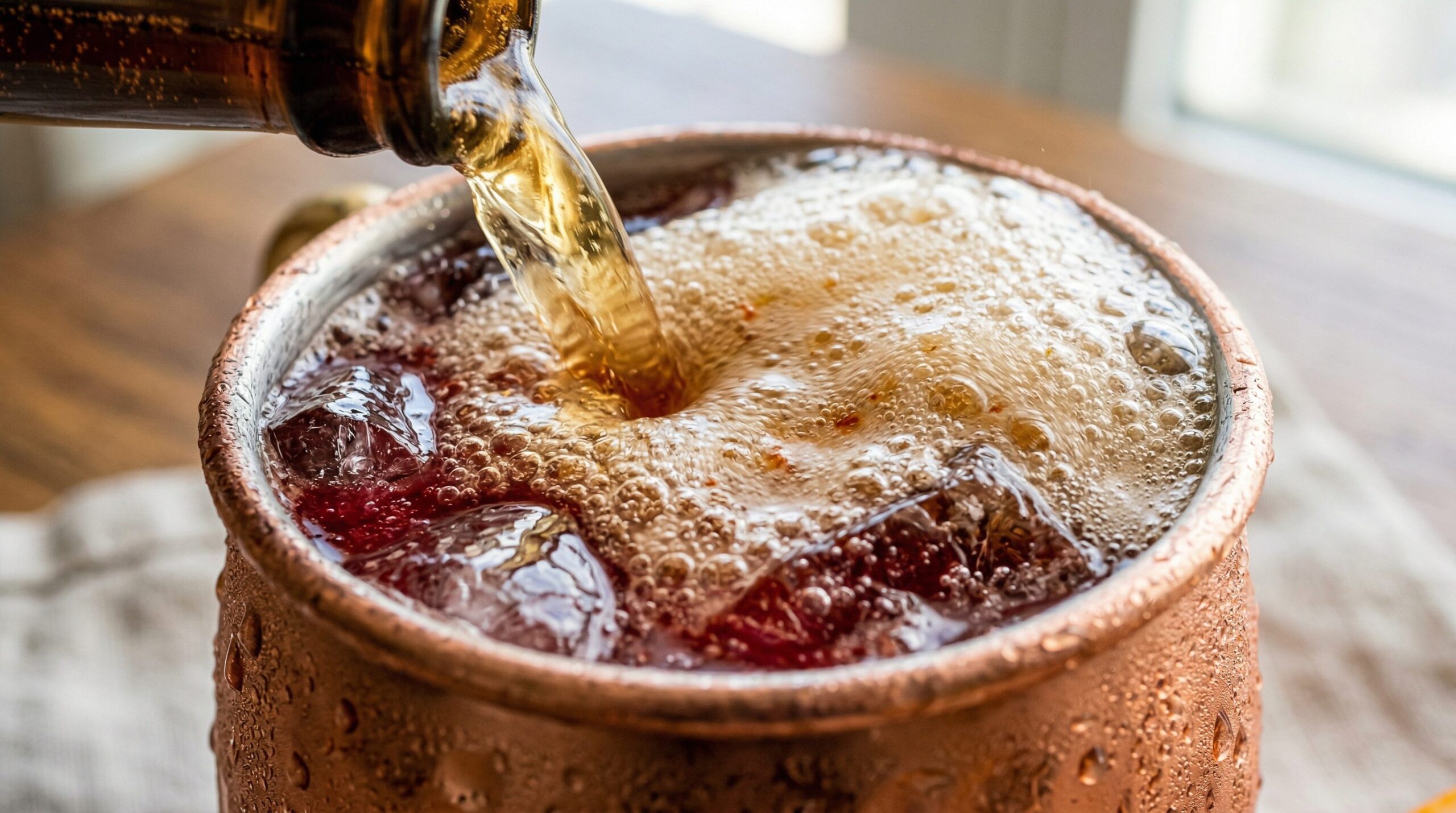 Spicy ginger beer being poured into a frosted copper mug over cracked ice and blood orange juice